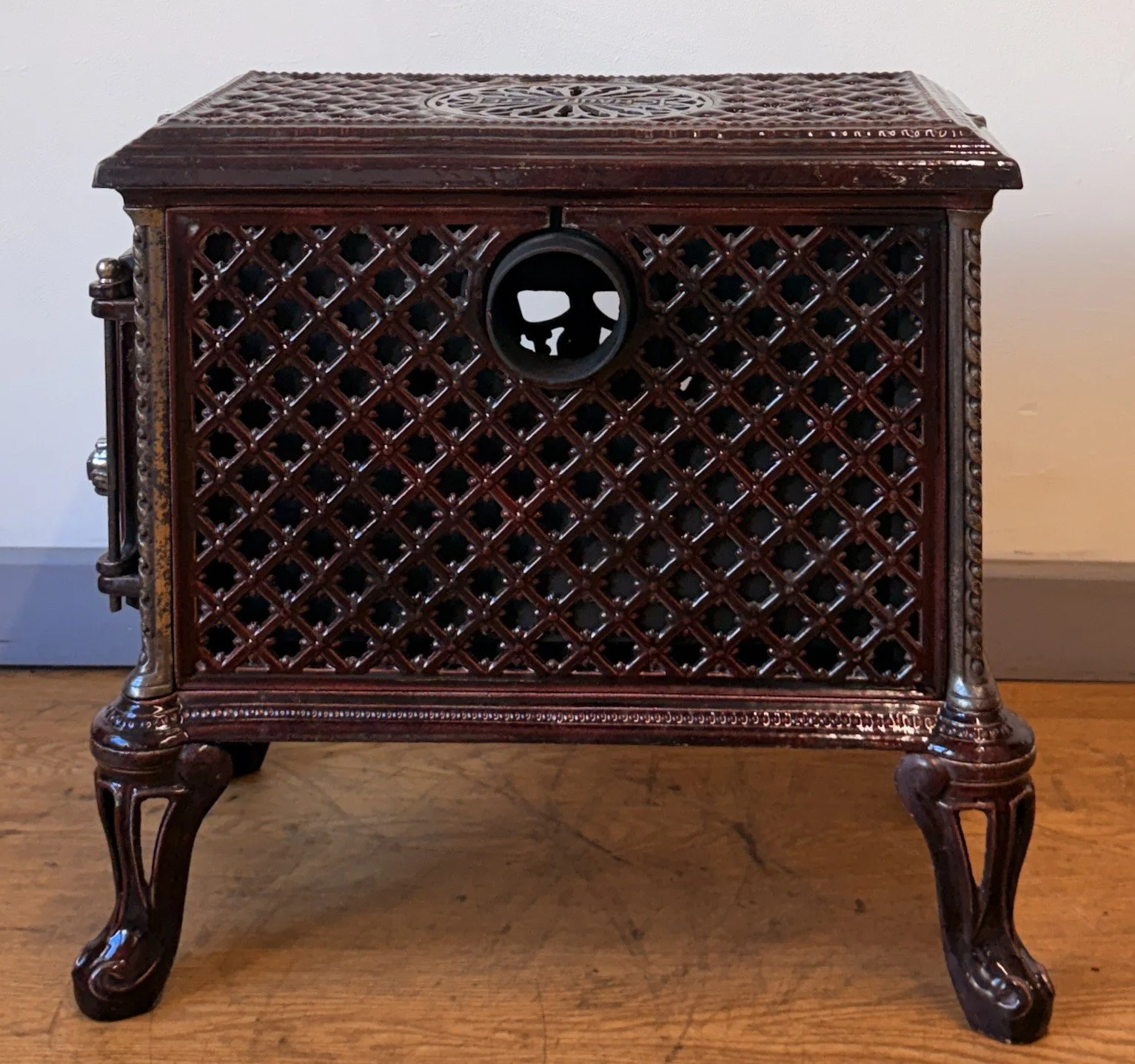 Rear view of antique French stove