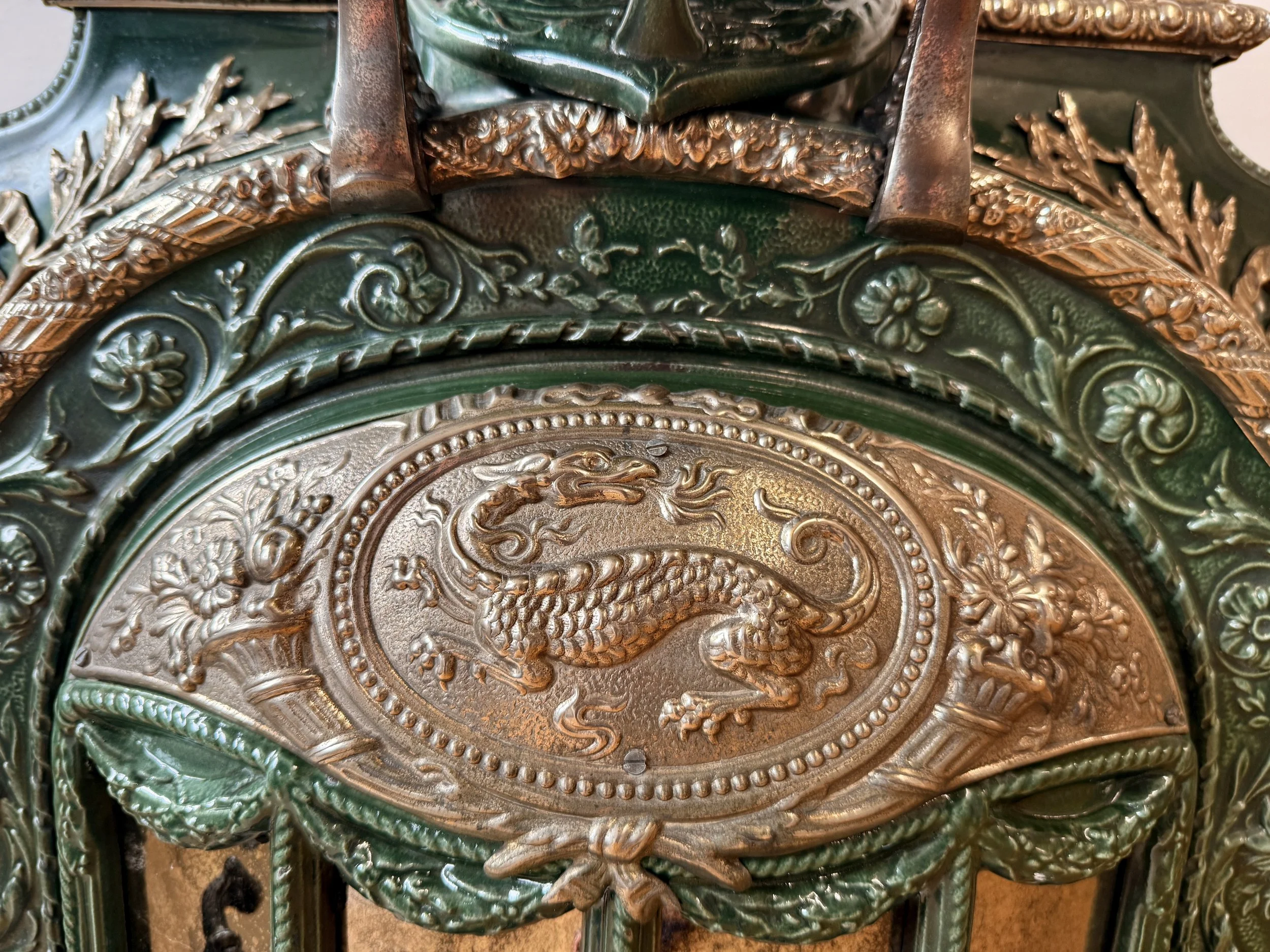 Close up detail of a Salamandre cast in metal