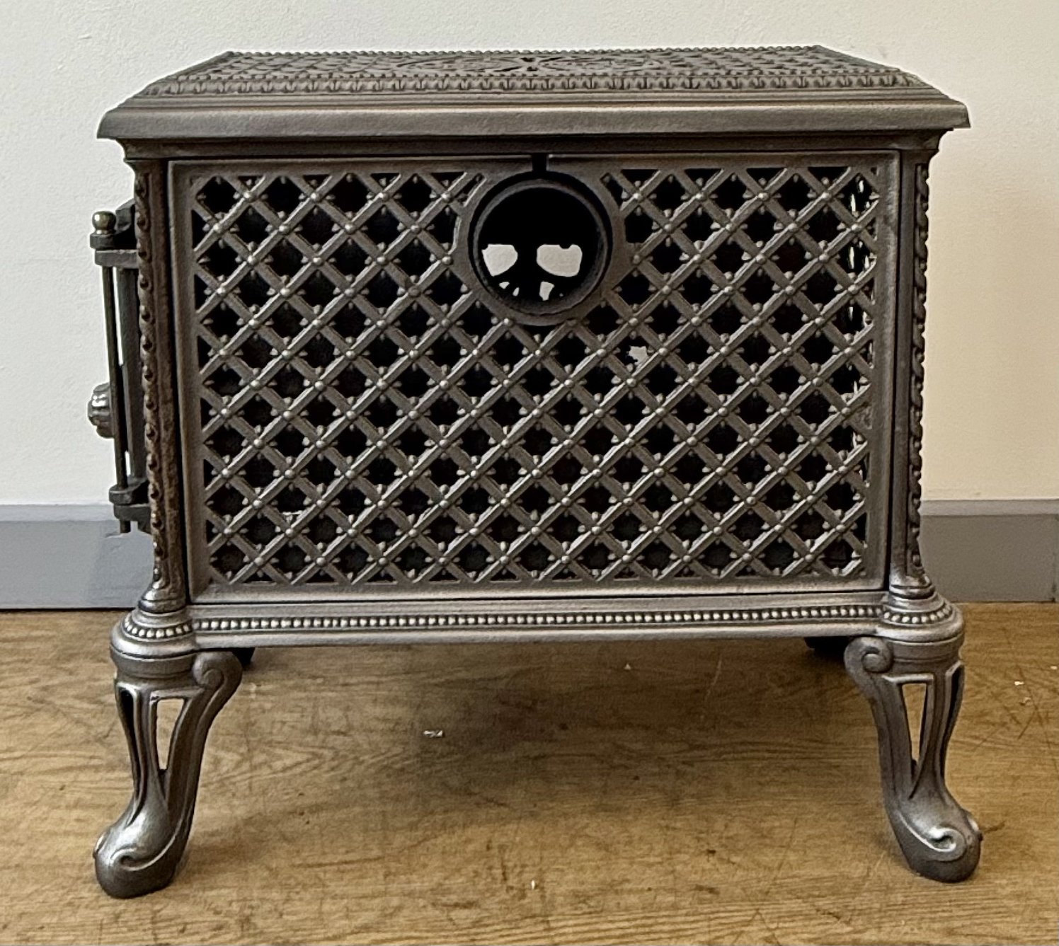 Rear view with flue cast iron stove