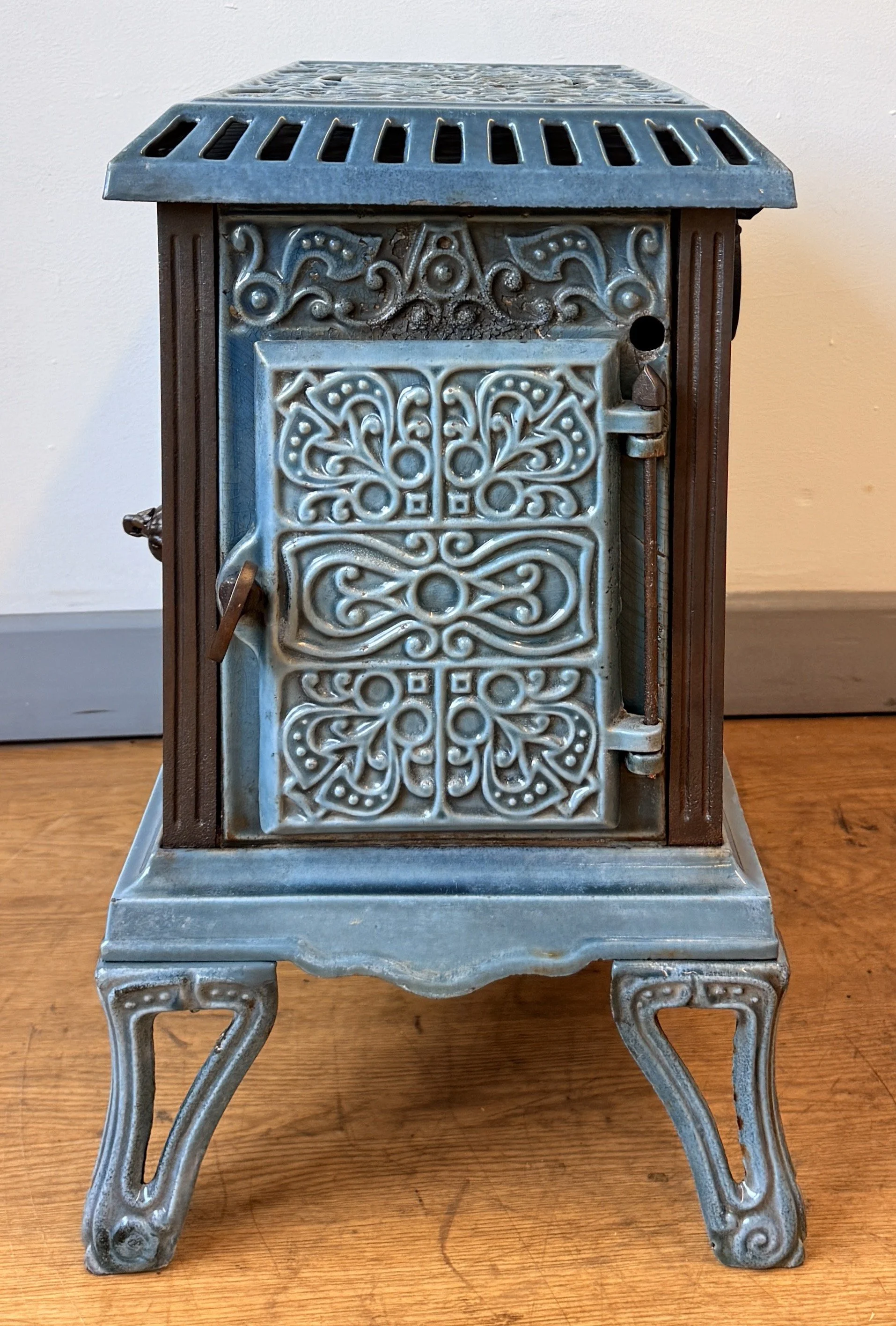 side view of decorative French antique bioethanol fire