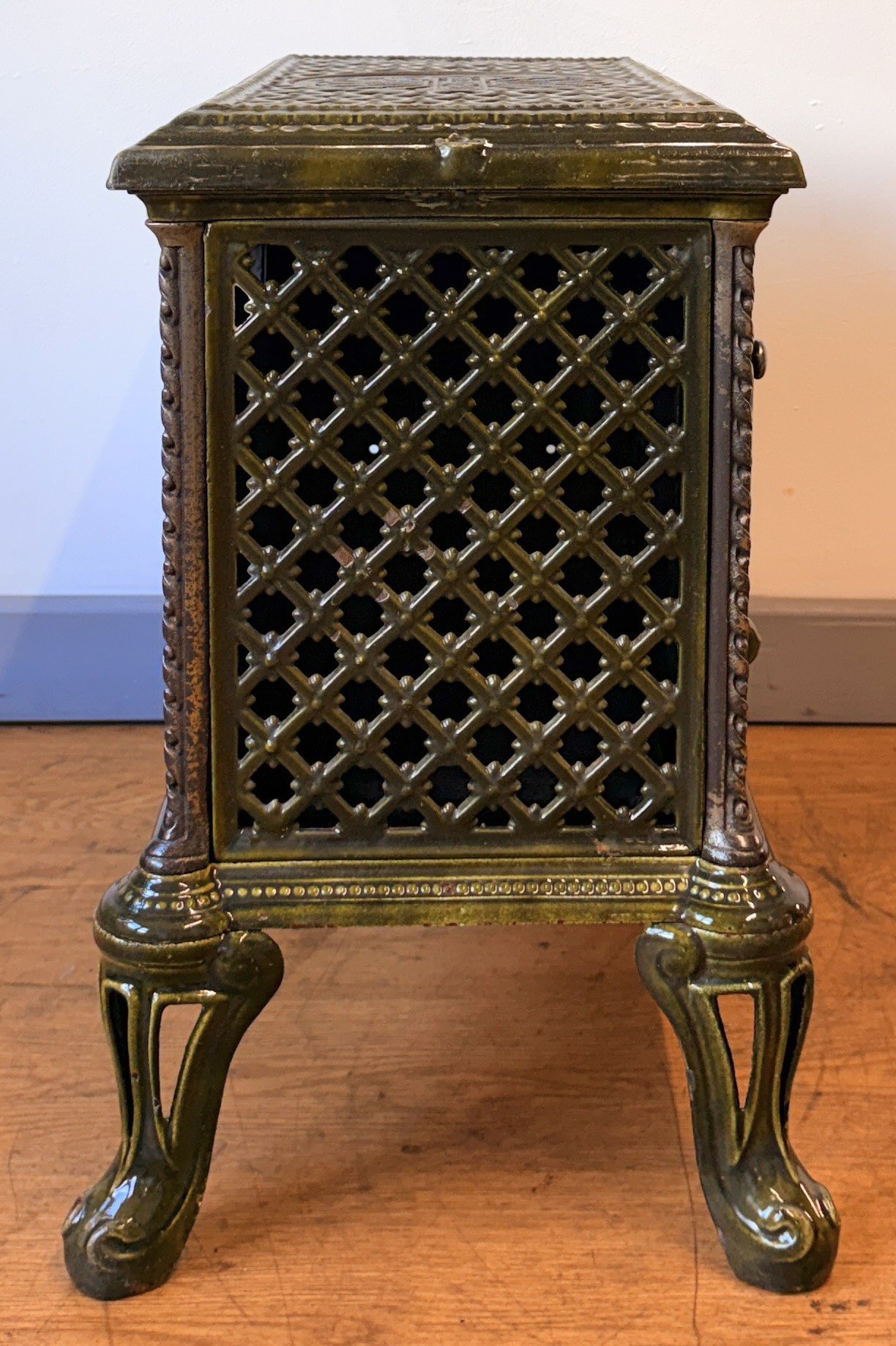 Side view of cast iron stove