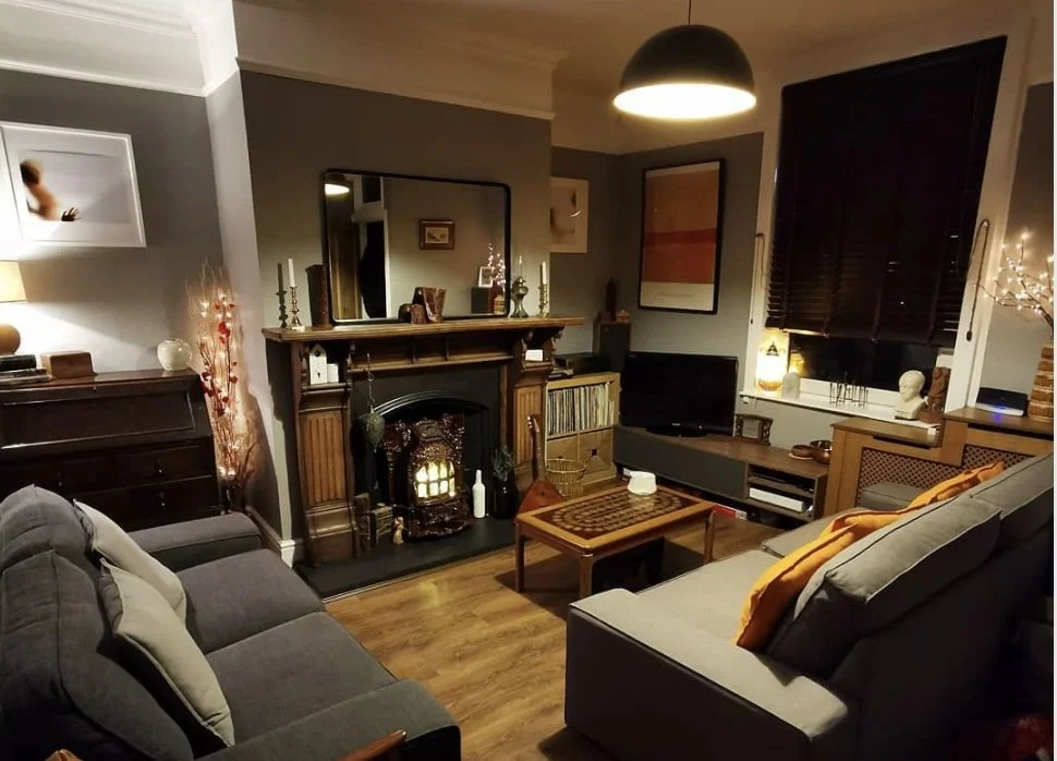 Cosy room setting with Bioethanol stove burning in the fireplace