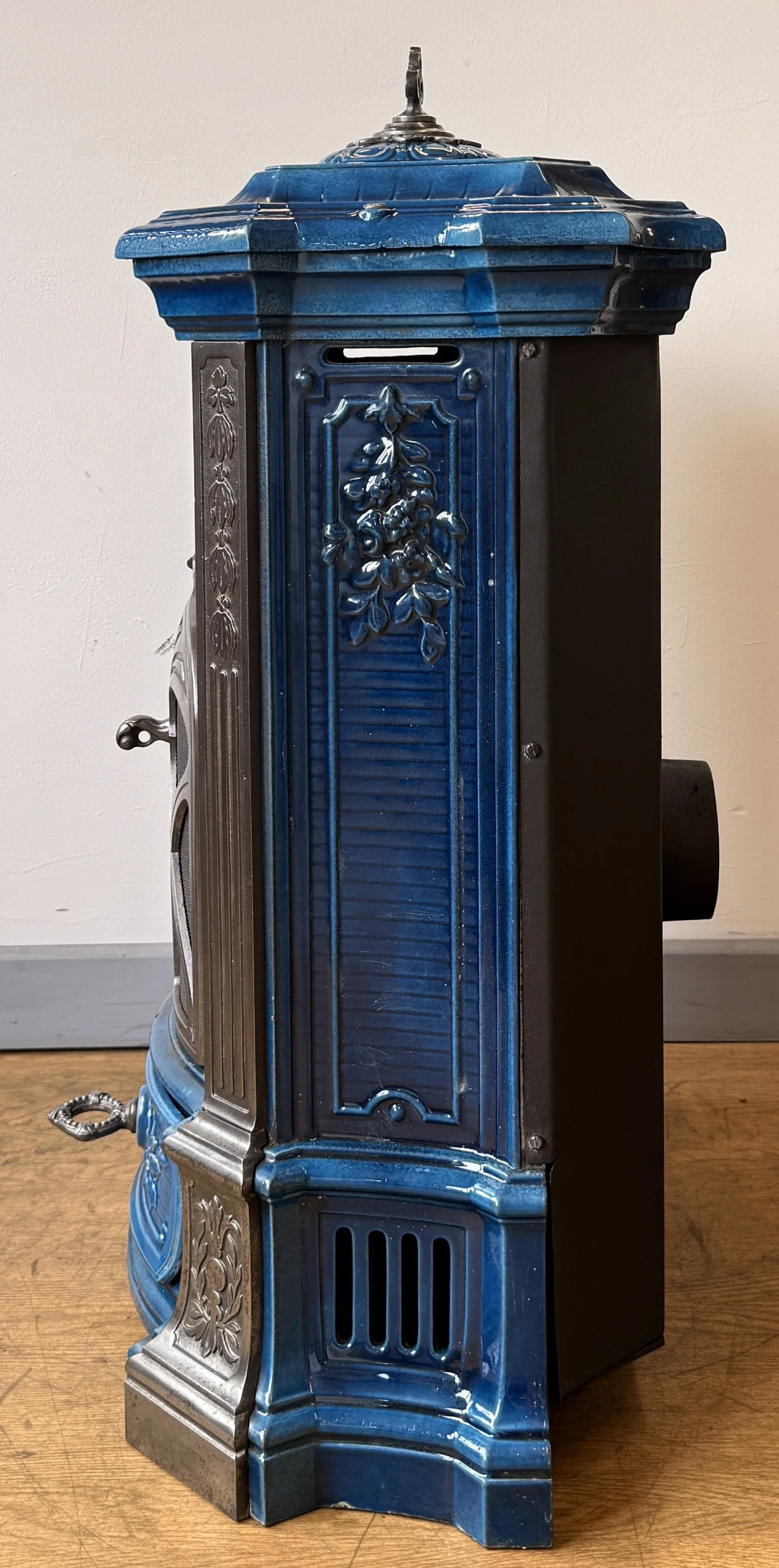 Side view of cast iron stove