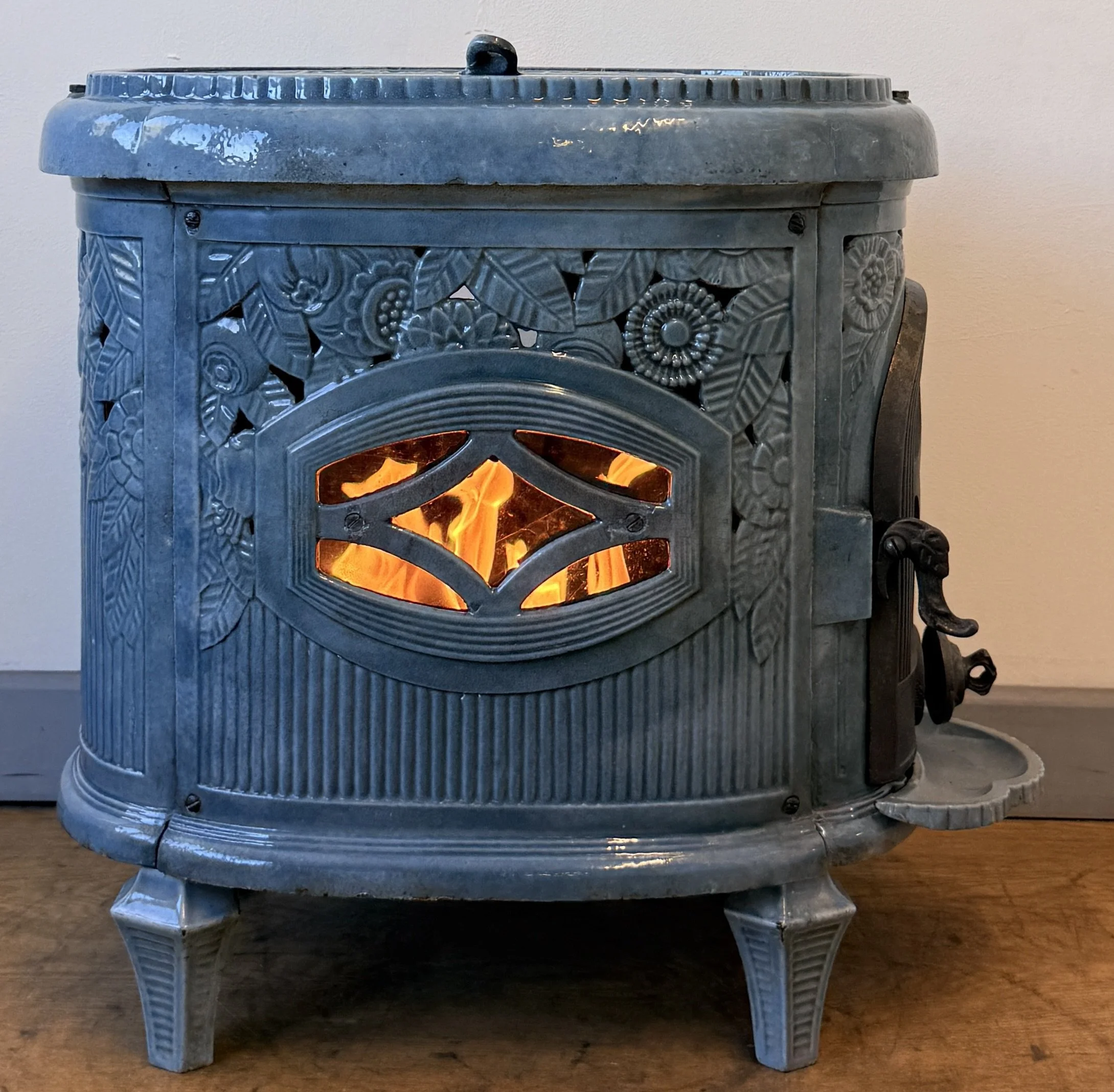 Front view of blue Arts and Crafts stove