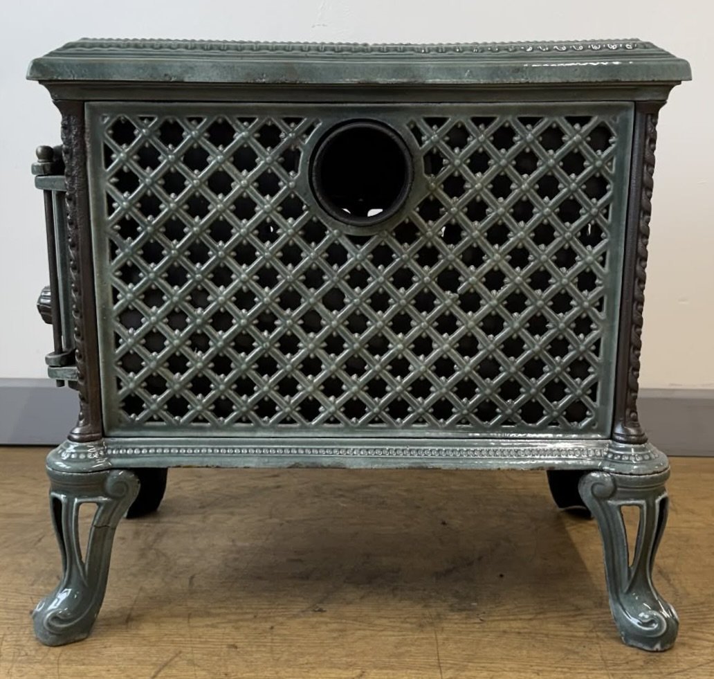 Back view of a cast iron stove