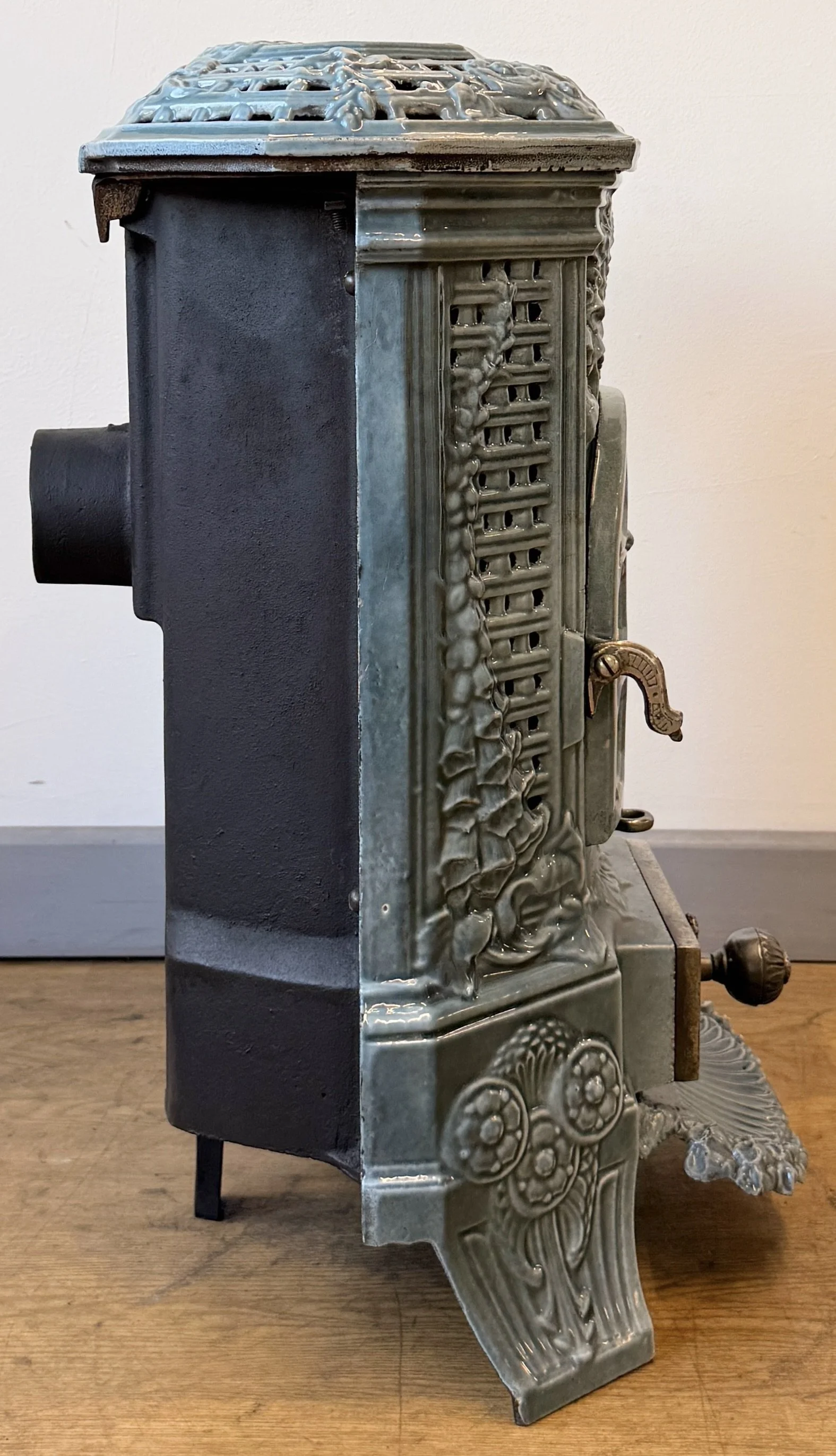 Side view of cast iron stove