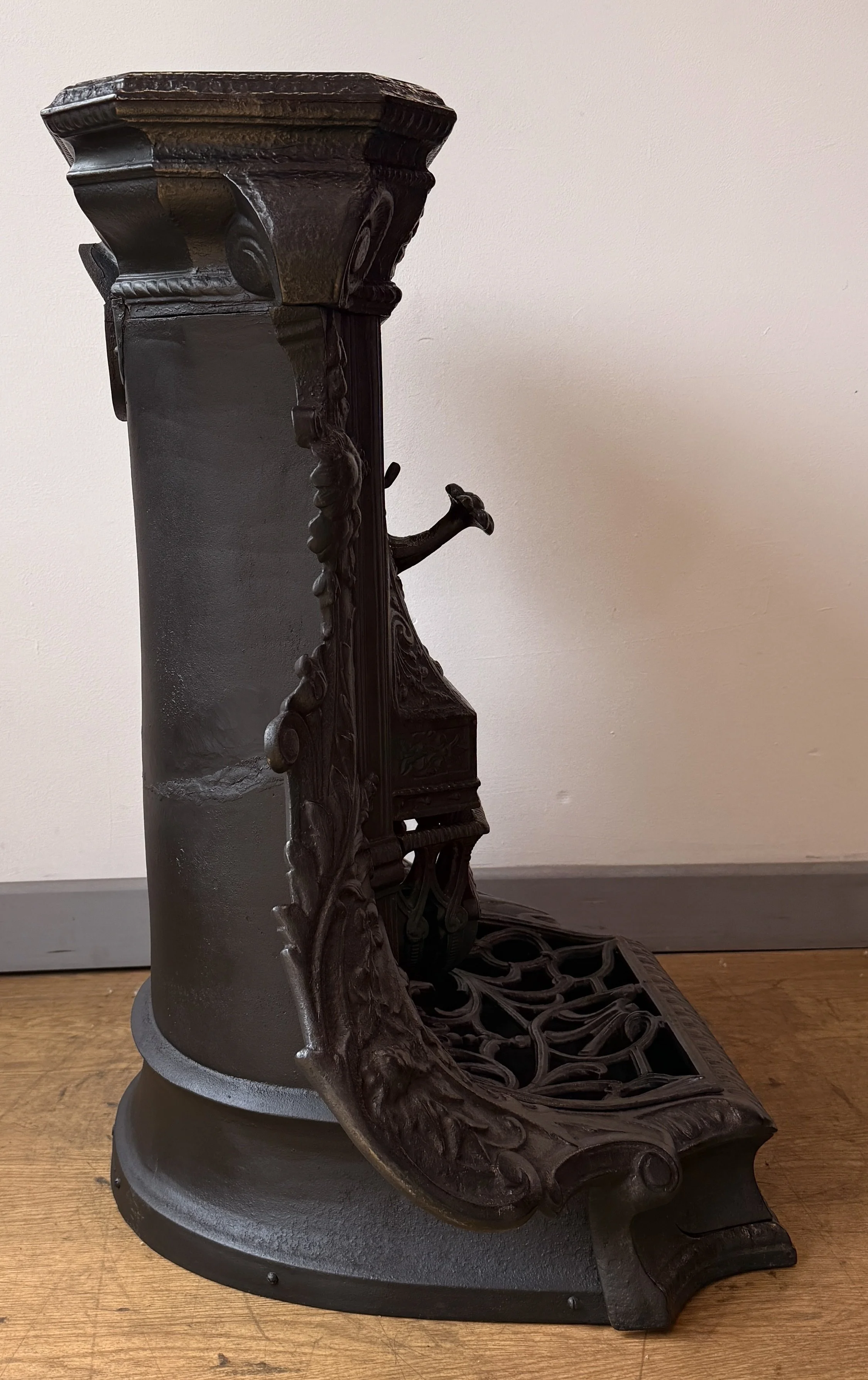 Side view of cast iron stove