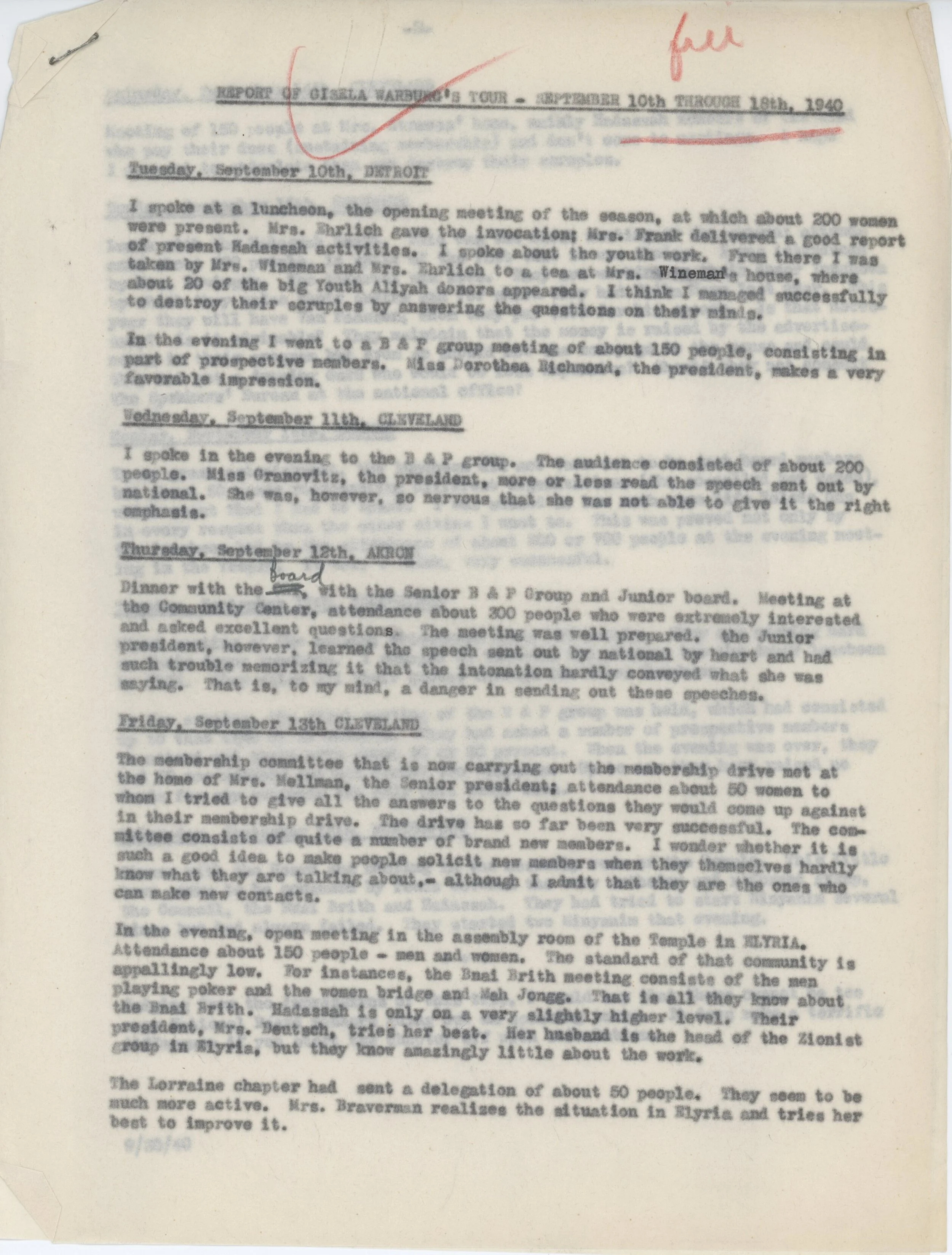 “REPORT OF GISELA WARBURG'S TOUR - SEPTEMBER 10th THROUGH 18th, 1940”