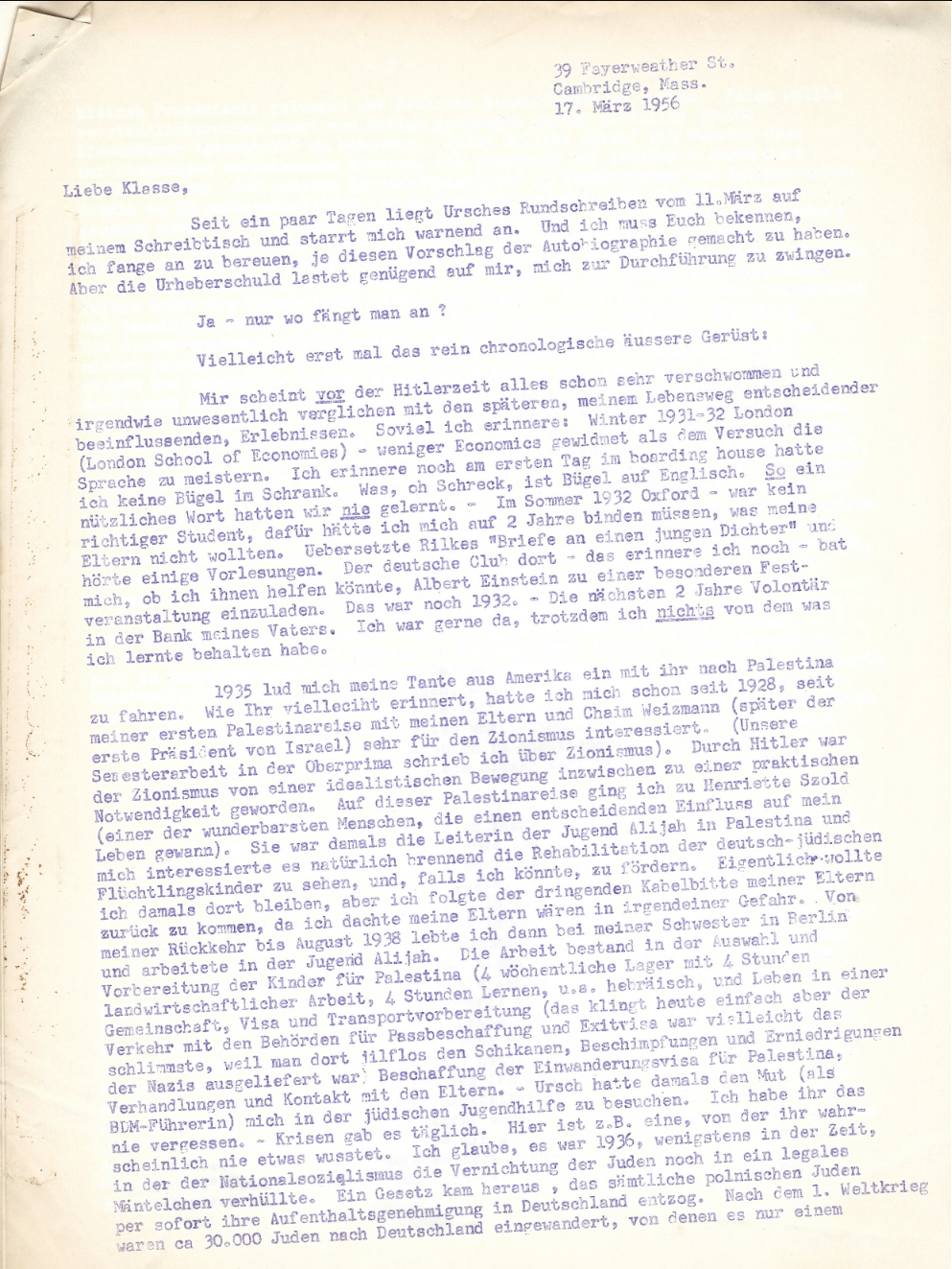 Gisela’s 1956 “Letter to the Classmates”