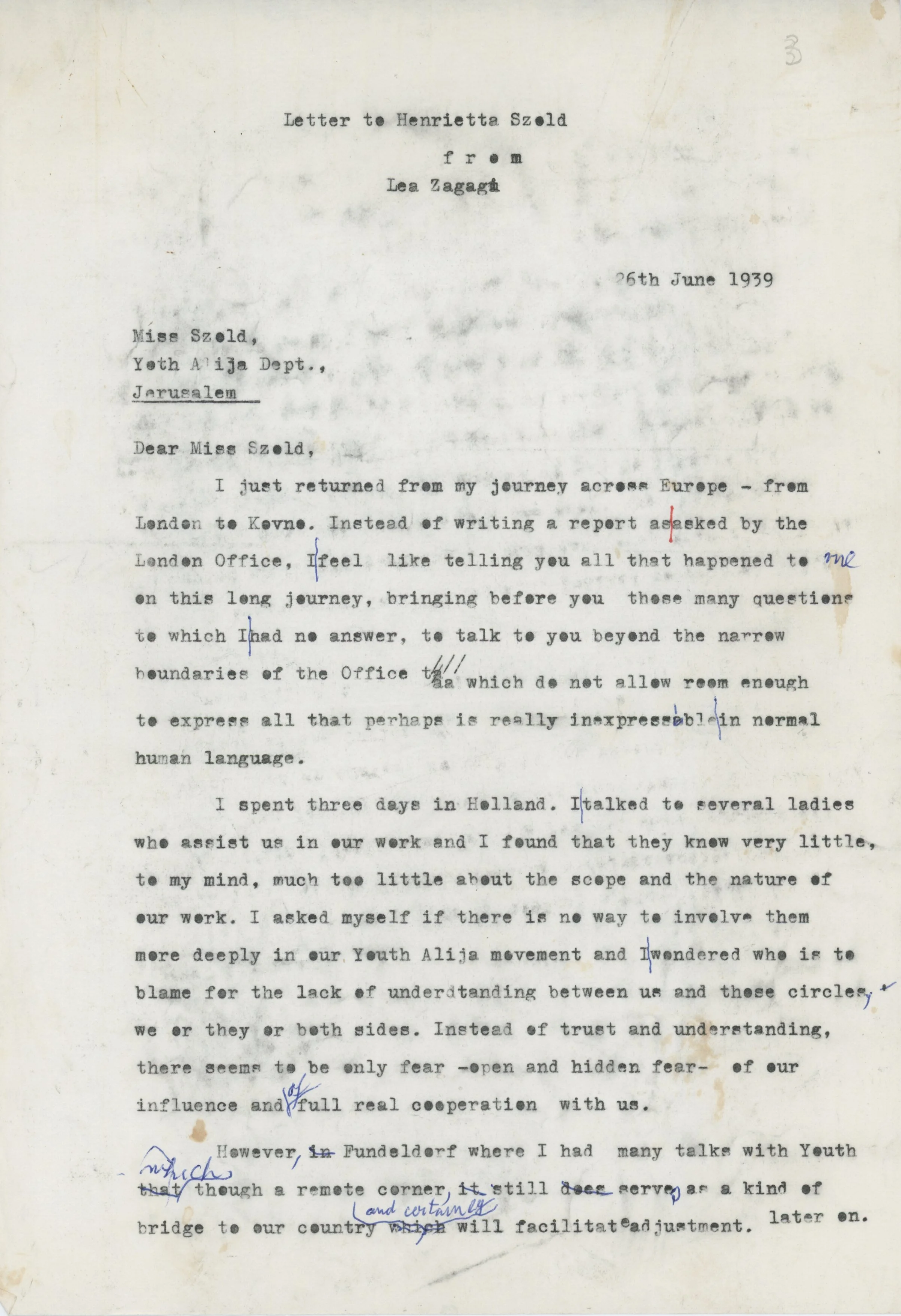 Letter from Lea Zagagi to Henrietta Szold, June 26, 1939