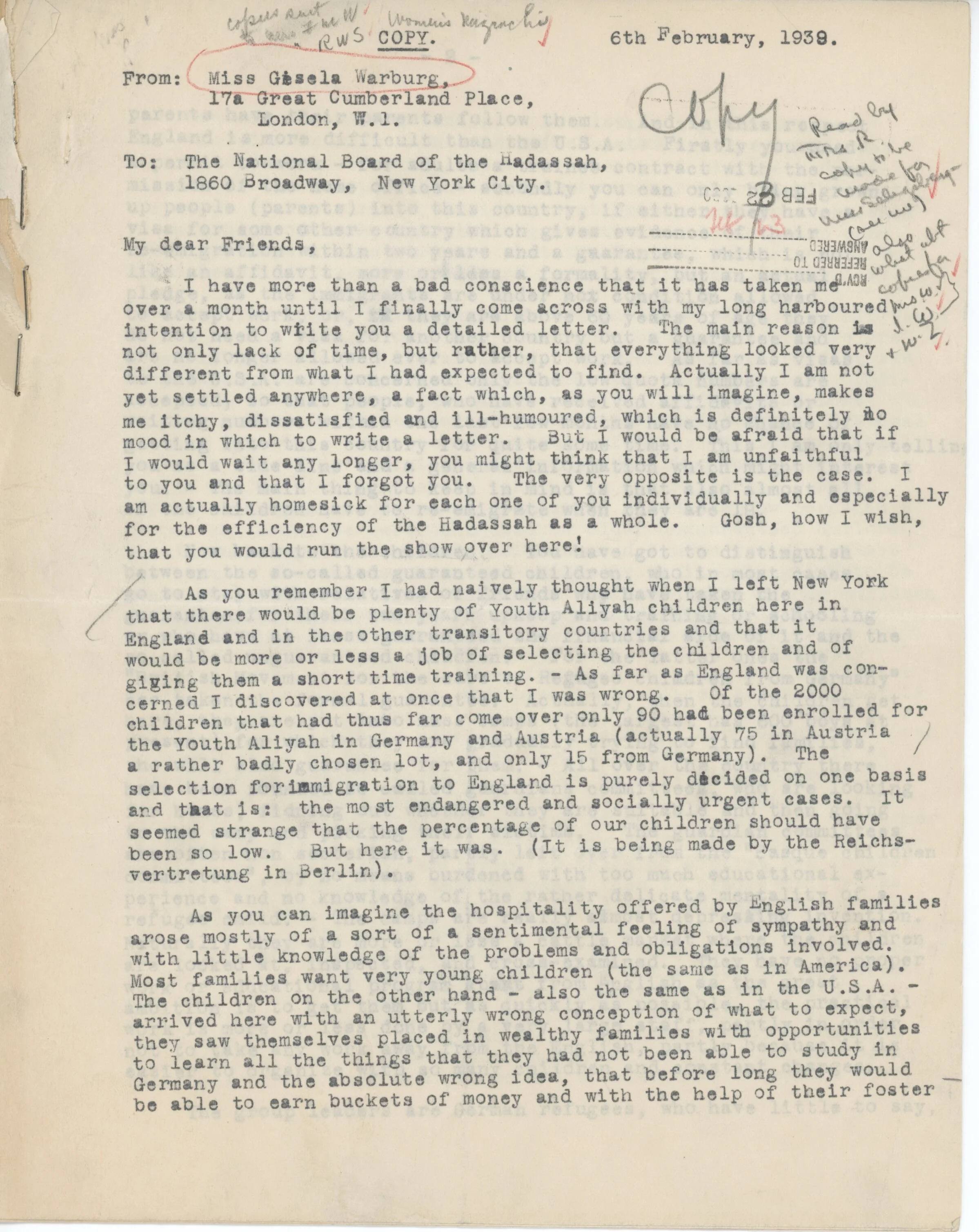 Letter from Gisela to the National Board of Hadassah, February 6, 1939