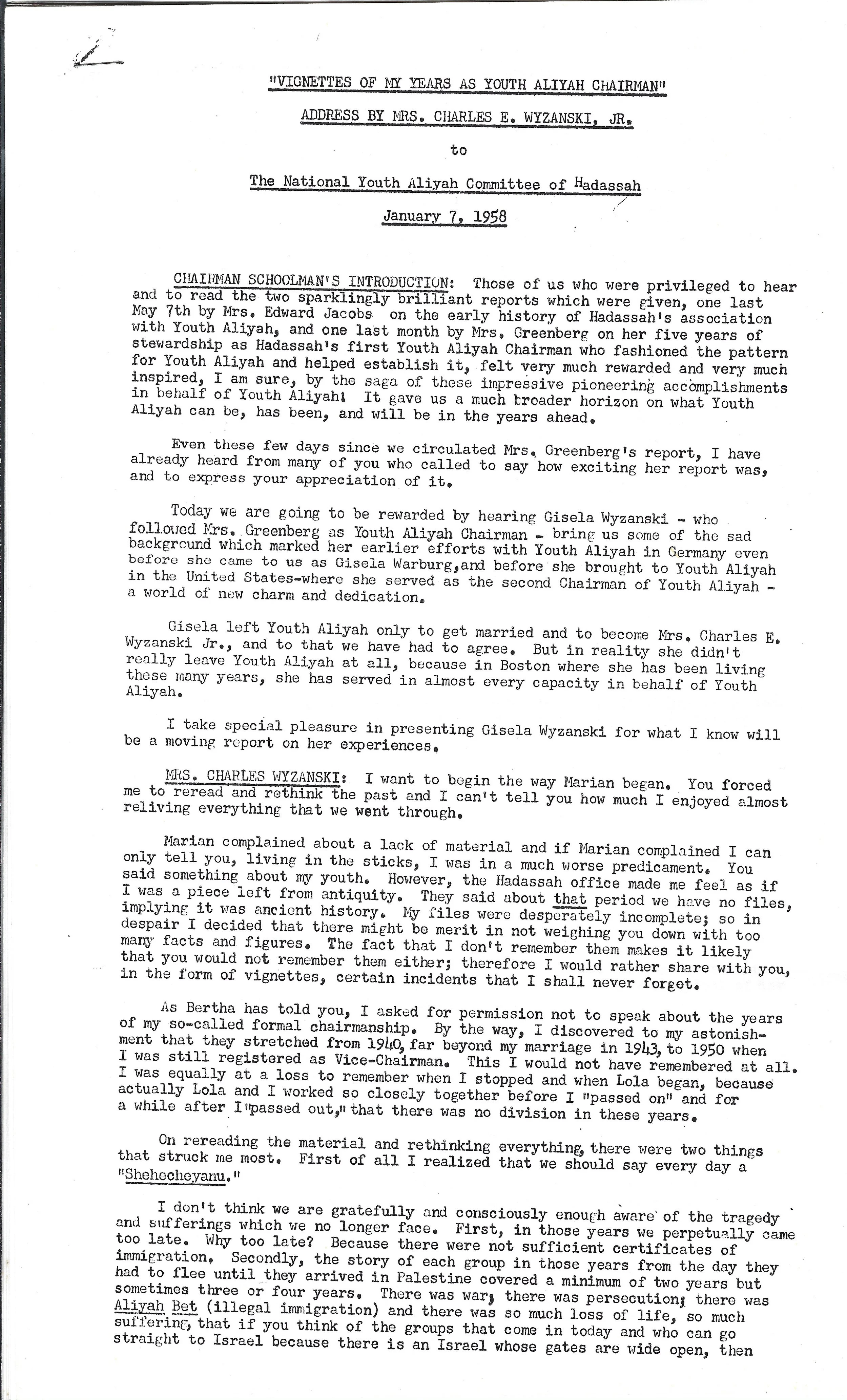 “Vignettes of my Years as a Youth Aliyah Chairman” (Gisela Warburg Wyzanski, Januray 7, 1958)