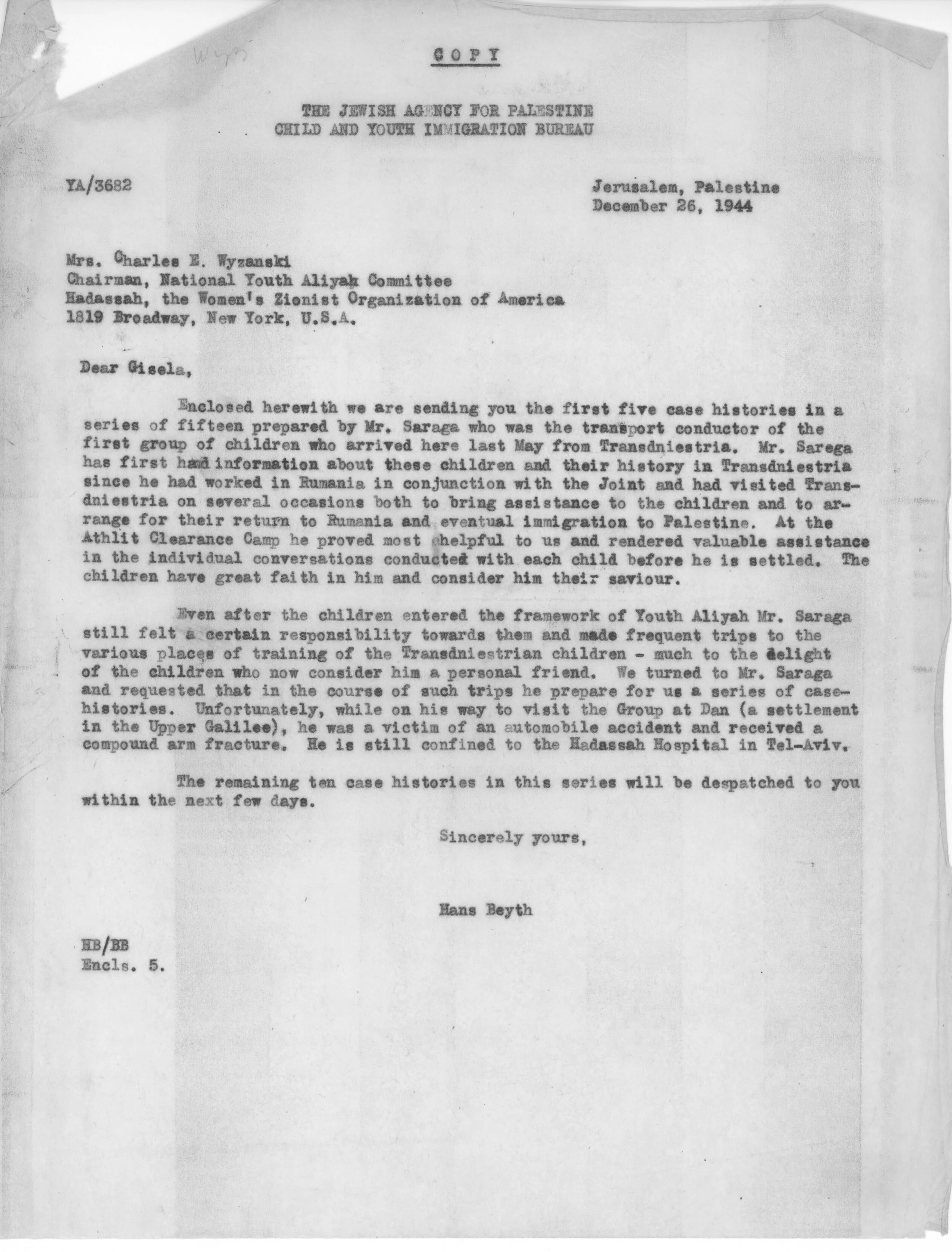 Letter from Hans Byeth to Gisela; Five Youth Aliyah Case Histories, December 26, 1944
