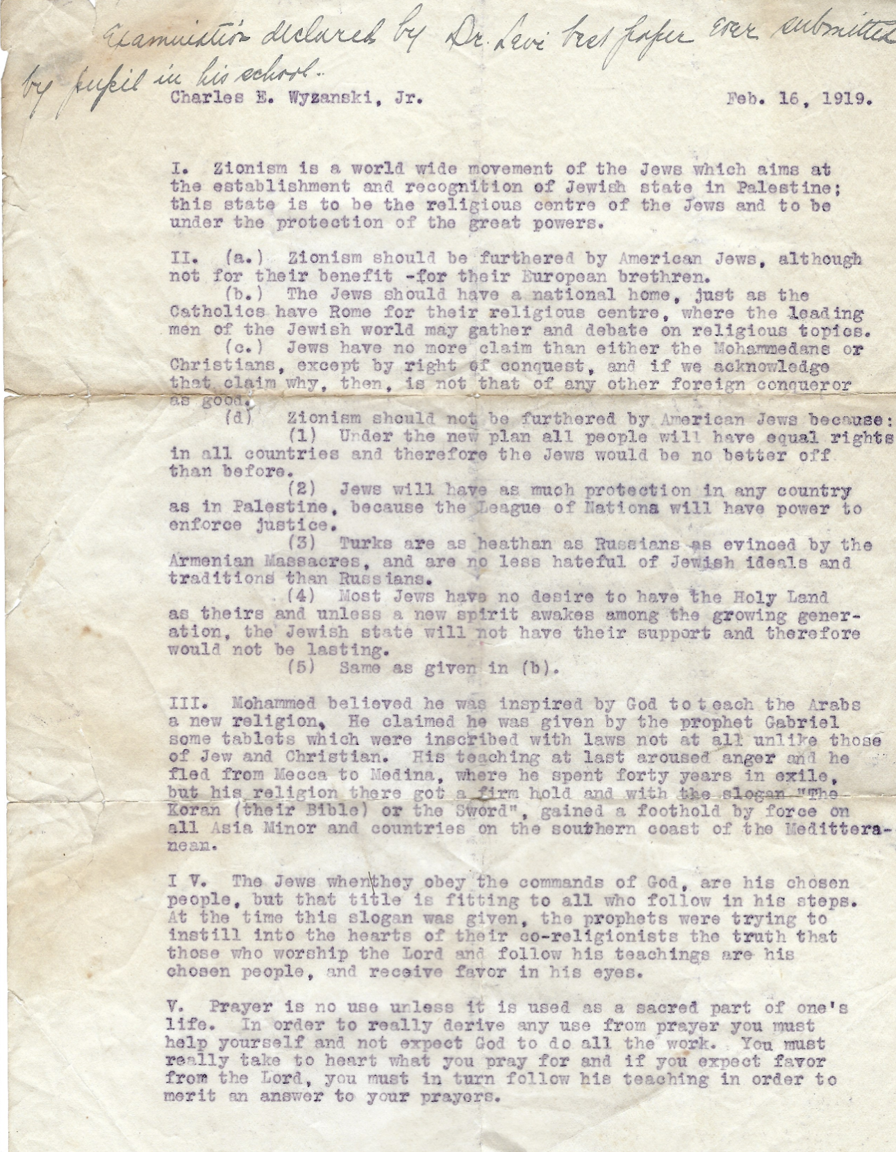 Charles Wyzanski’s Sunday School Paper on Zionism, 1919 (age 13)