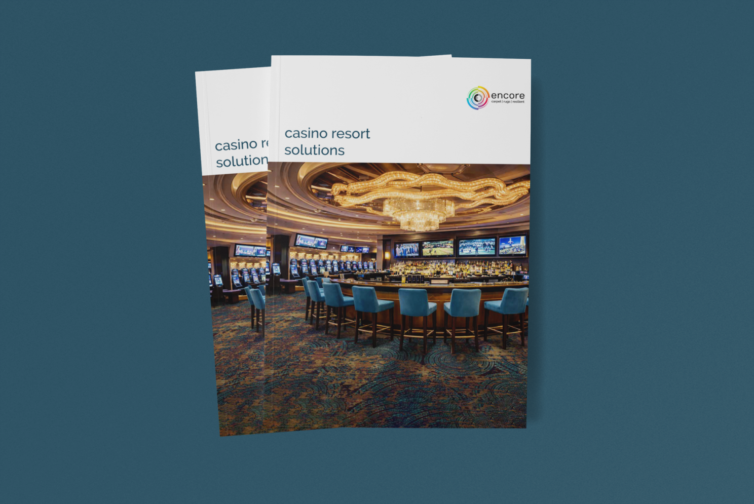 Encore Hospitality Carpet Casino Resort Solutions brochure featuring luxury casino flooring and hospitality design applications.