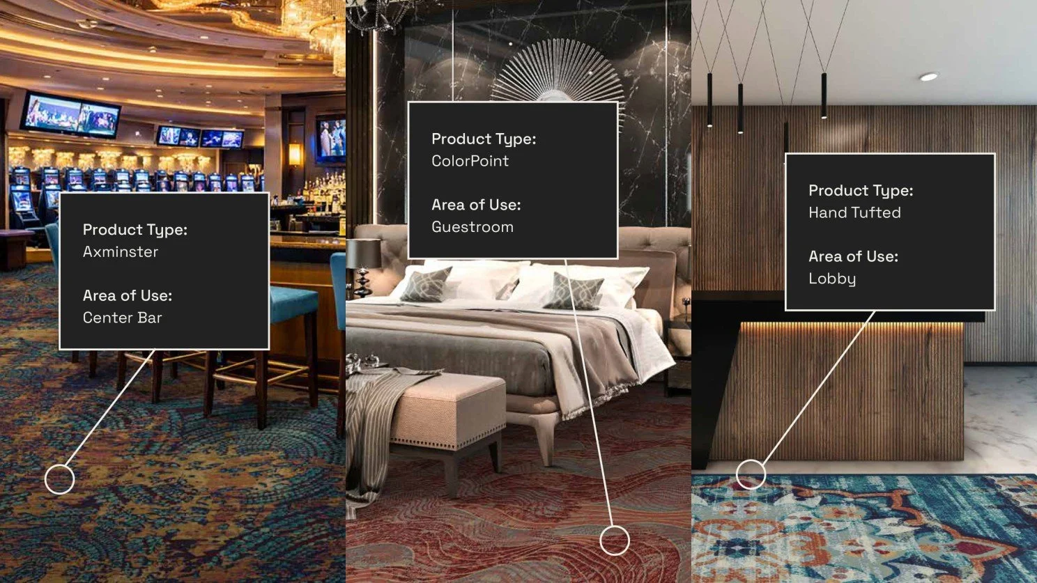 Casino resort flooring applications showing Axminster carpet for casino bars, ColorPoint carpet for guestrooms, and hand-tufted rugs for hotel lobbies.