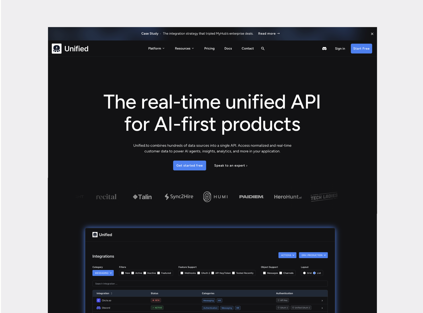 Screenshot of the Unified website homepage showing the headline about real-time unified API for AI-first products, with navigation menu, call-to-action buttons, and various features and integrations sections.