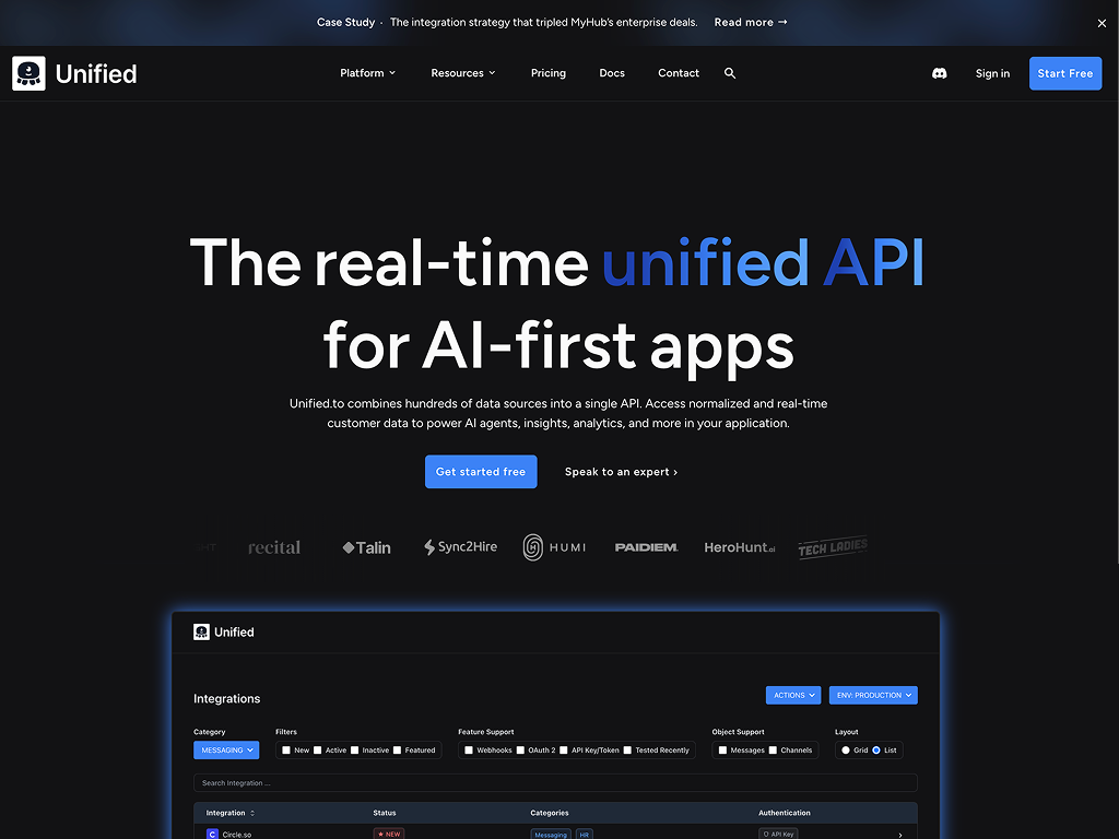 Screenshot of the Unified website homepage showing the headline about real-time unified API for AI-first products, with navigation menu, call-to-action buttons, and various features and integrations sections.