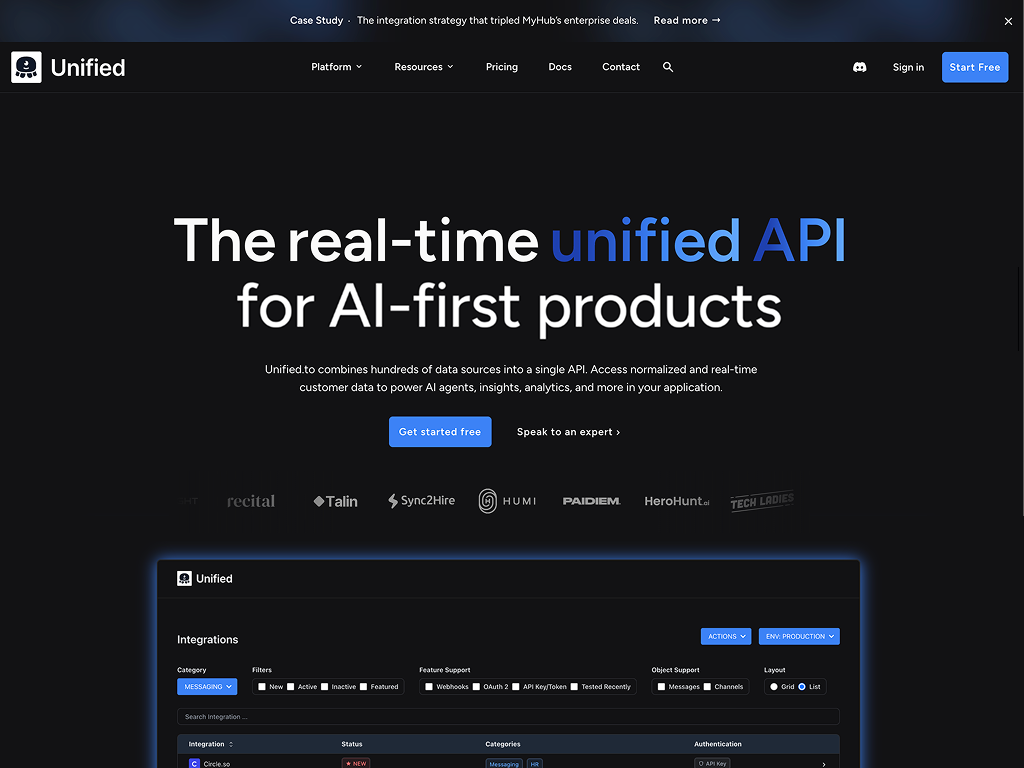 Screenshot of the Unified website homepage showing the headline about real-time unified API for AI-first products, with navigation menu, call-to-action buttons, and various features and integrations sections.