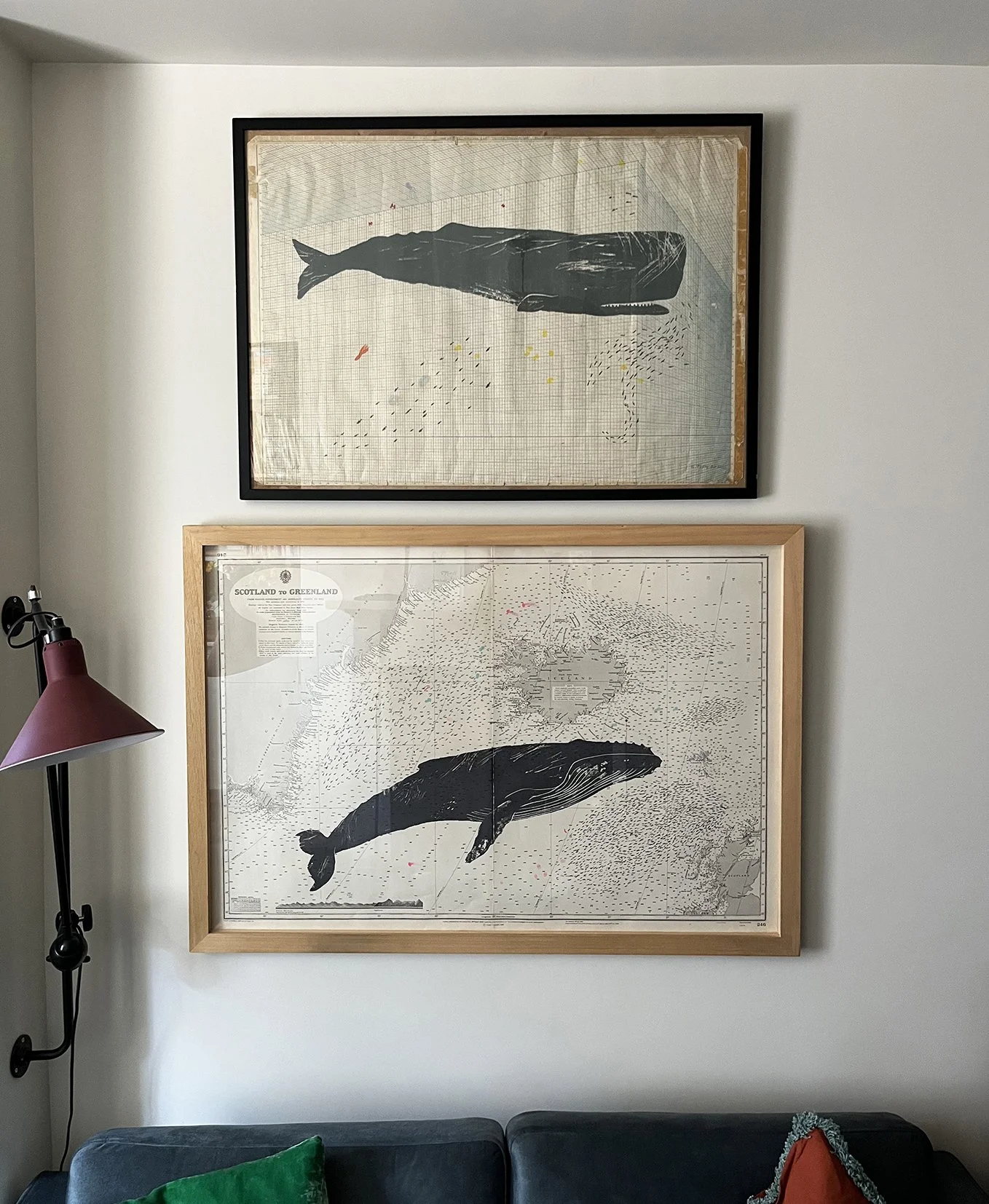 Two framed whale prints hung on the wall one above the other. The sperm whale is at the top and the humpback whale is underneath.