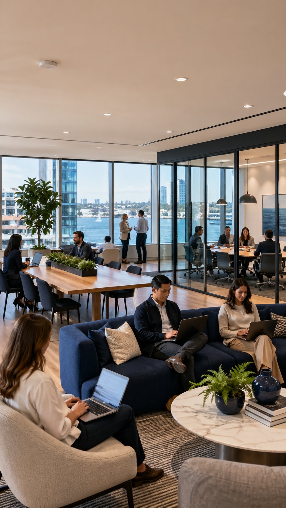 Modern commercial office tenant space using enterprise Wi-Fi for employee, guest, and collaboration connectivity.