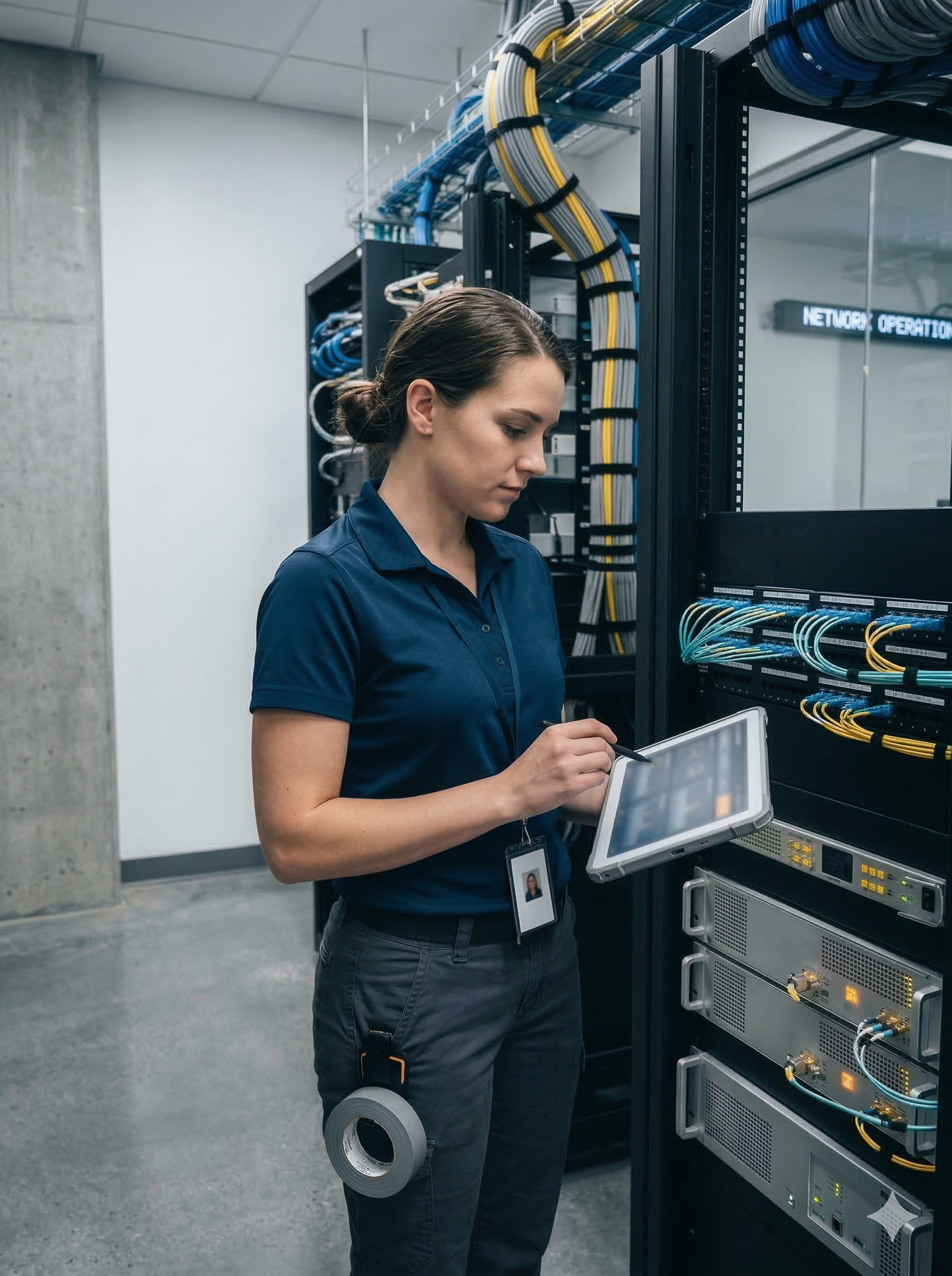 Technician monitoring distributed antenna system infrastructure in a telecom equipment room as part of managed wireless network operations.