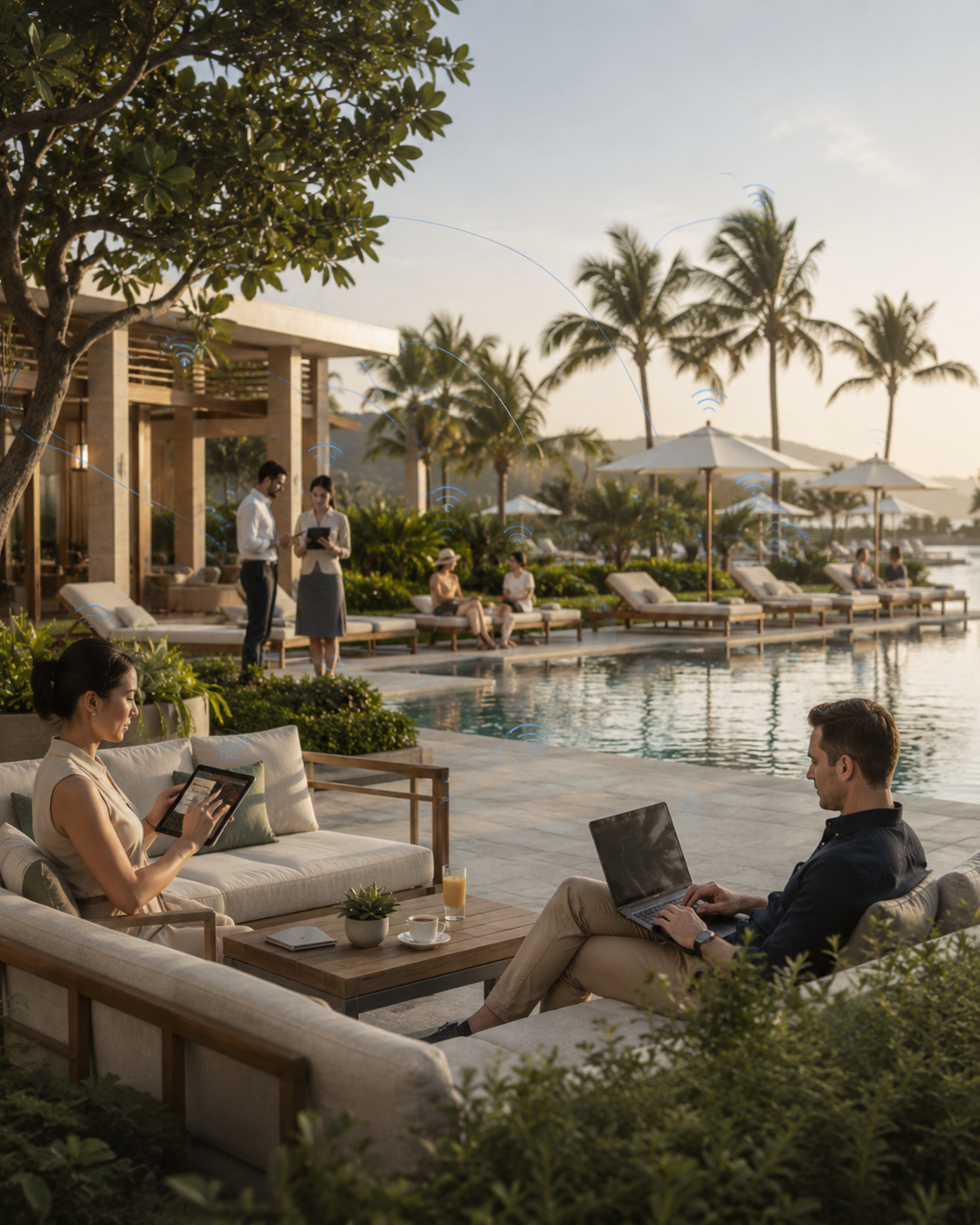 Luxury resort poolside lounge with guests and staff using mobile devices supported by seamless outdoor wireless connectivity
