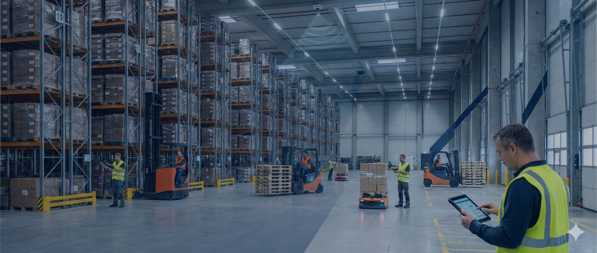 Warehouse workers using tablets and forklifts inside a distribution center supported by private LTE and 5G wireless networks
