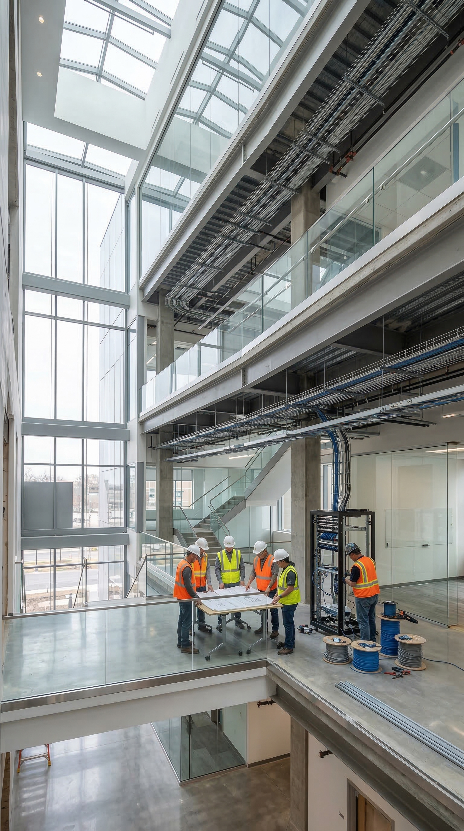 engineers reviewing telecommunications infrastructure plans inside a commercial building where public safety DAS systems are being planned during construction