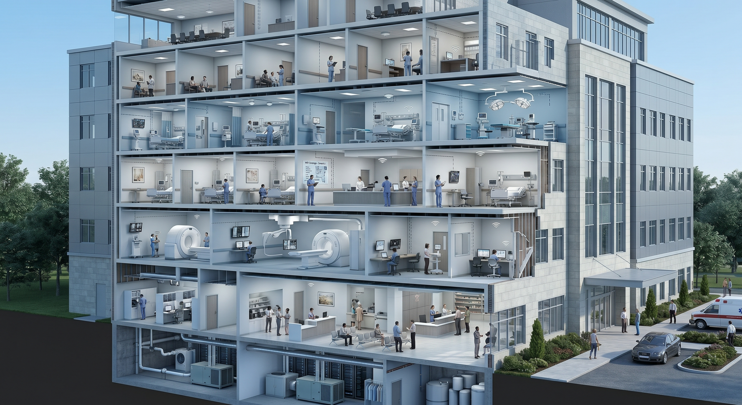 Cutaway view of a hospital campus showing multiple clinical areas where in-building wireless coverage must support staff communication and connected healthcare workflows.
