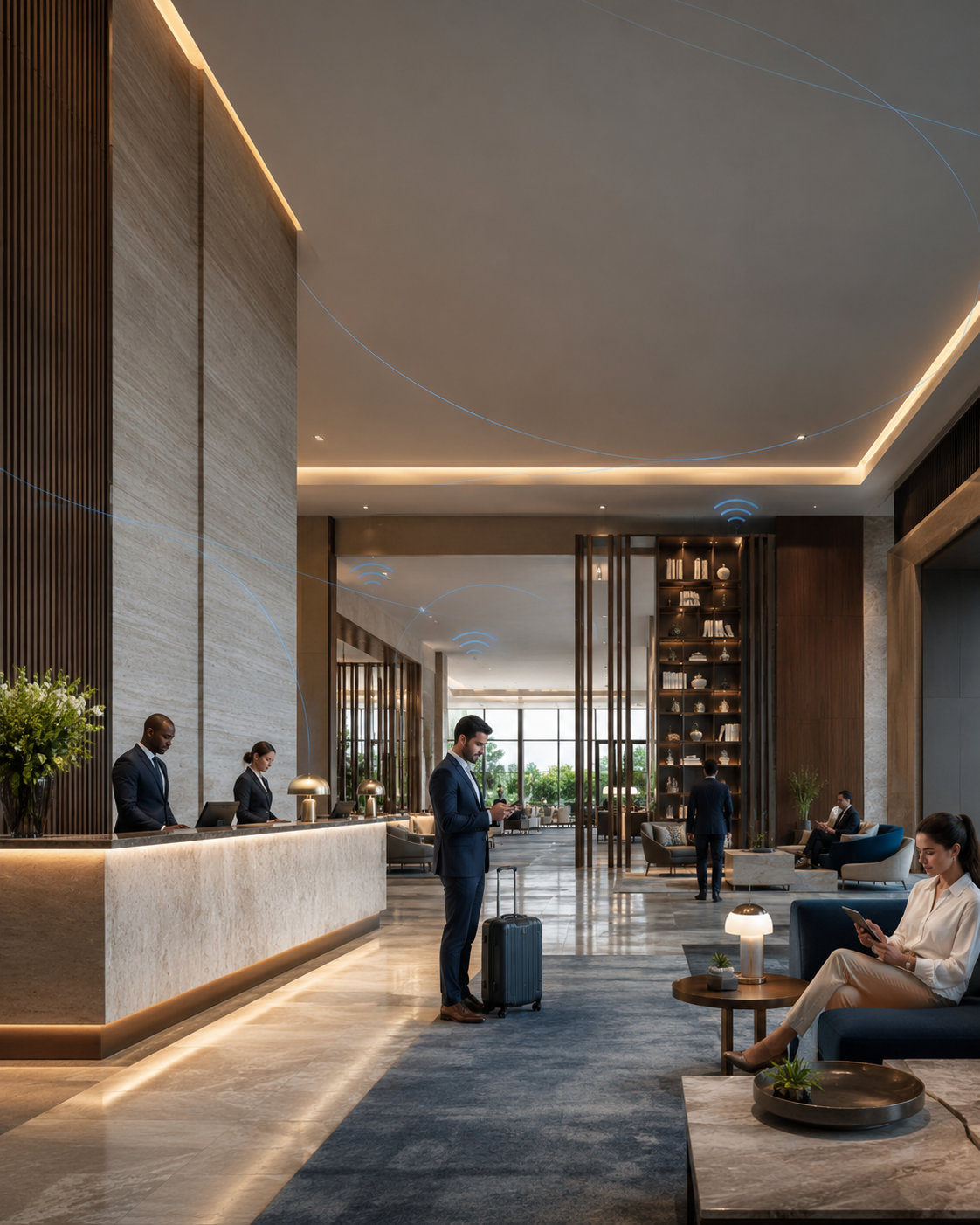 Luxury hotel lobby with guests and staff using mobile devices supported by in-building wireless connectivity