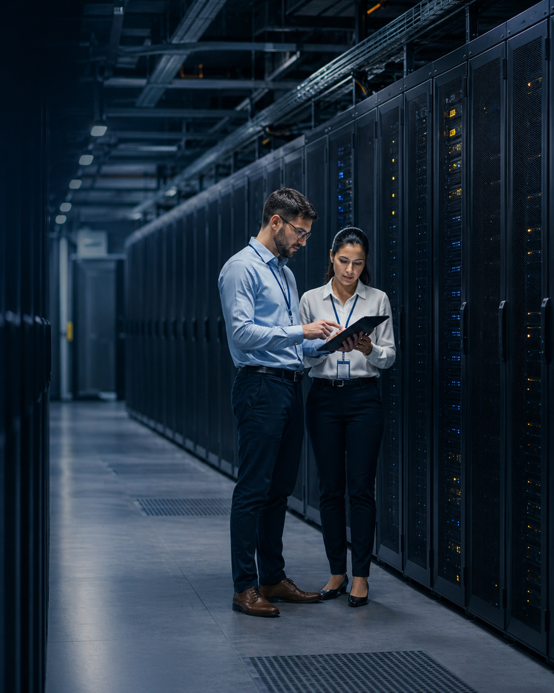 Technicians working inside a data center supported by wireless infrastructure and in-building connectivity