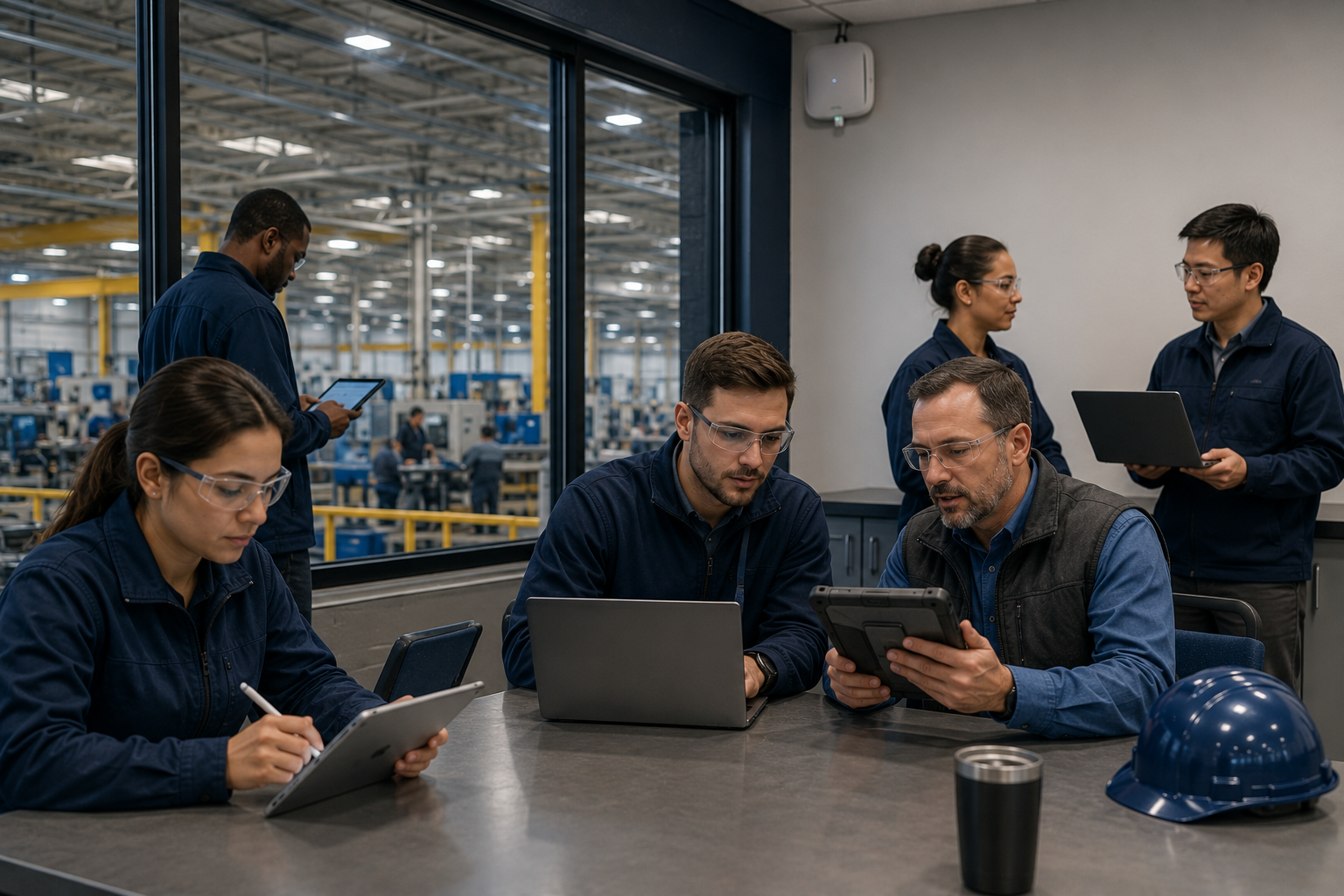 Manufacturing employees using connected work devices in a production facility