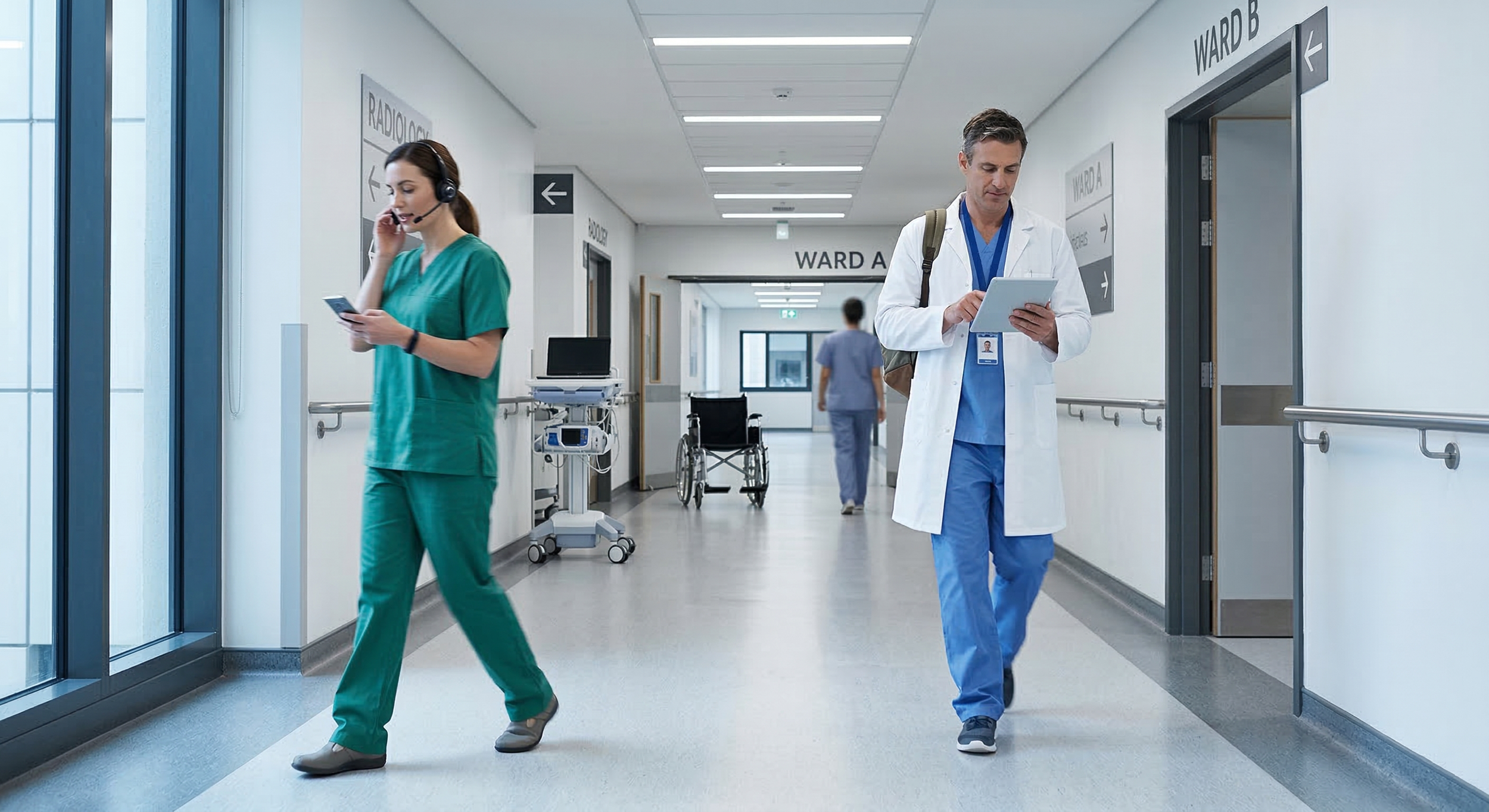 Healthcare staff using tablets and clinical systems in a hospital environment supported by reliable indoor connectivity.