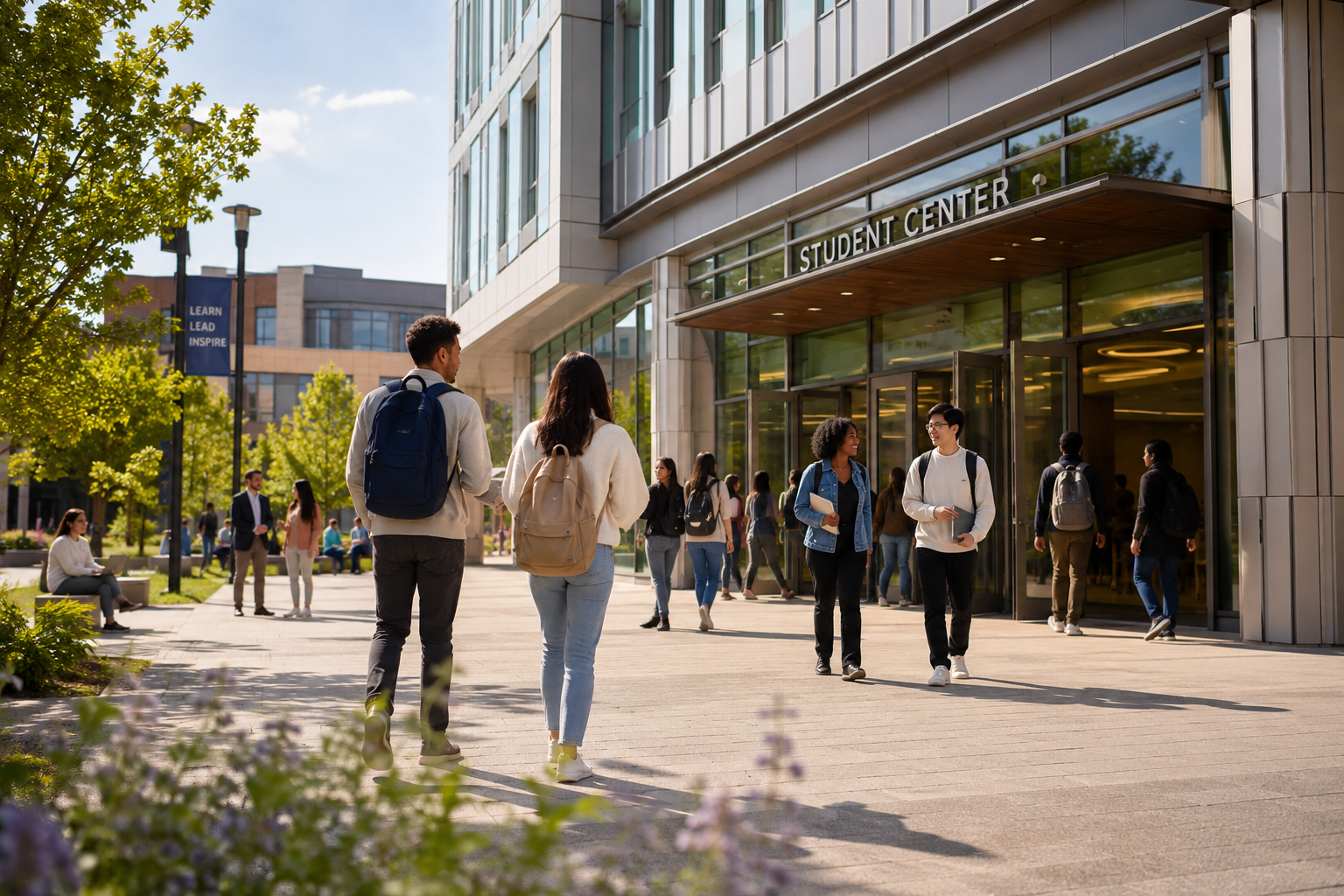 Students and faculty walking near a campus building supported by campus cellular DAS and in-building wireless coverage.