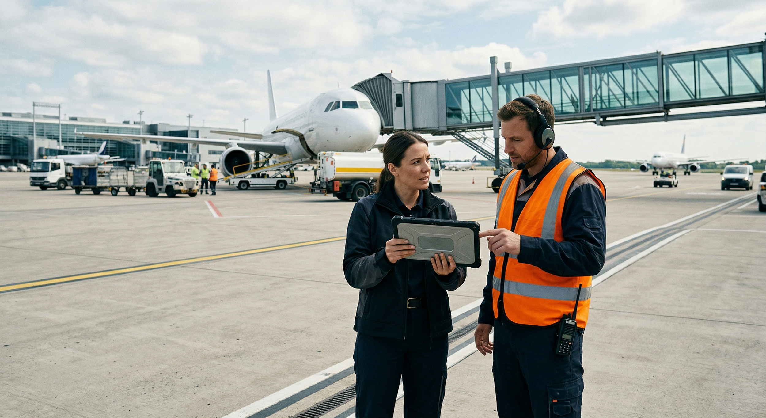 Airport ground operations employee uses a rugged tablet beside airport service equipment