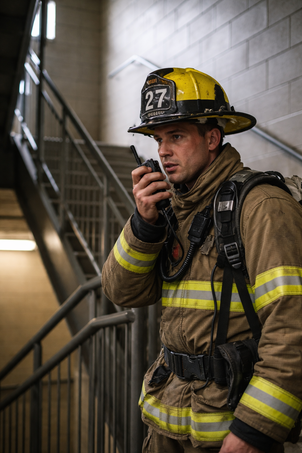 First responder communicating by radio in a stairwell with Public Safety DAS for emergency responder coverage.