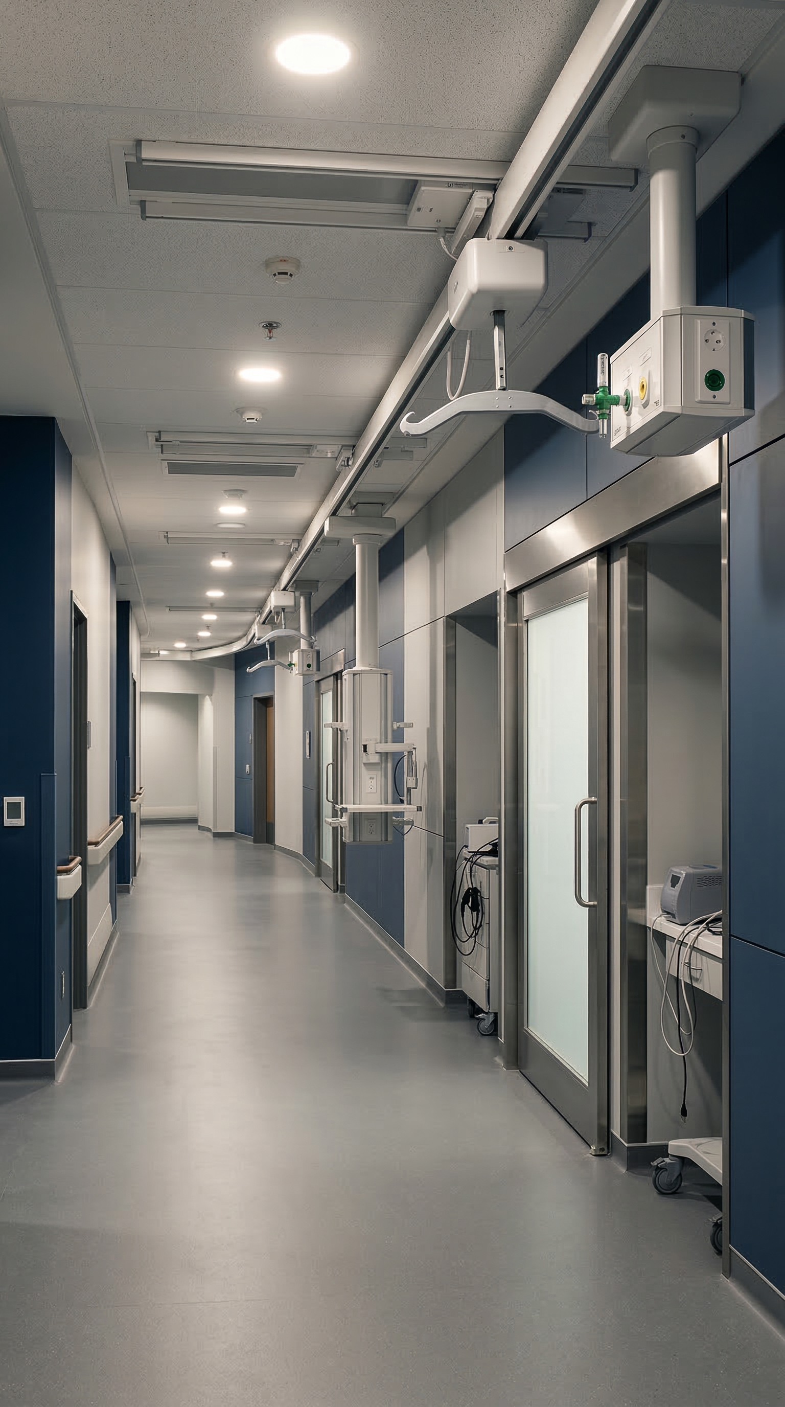Hospital corridor with infrastructure supporting wireless network monitoring and maintenance systems