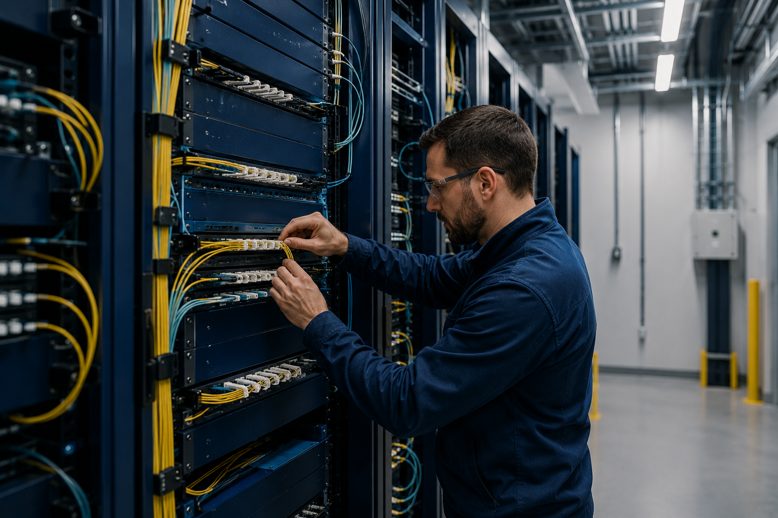 Technician managing fiber-based network infrastructure for a manufacturing facility