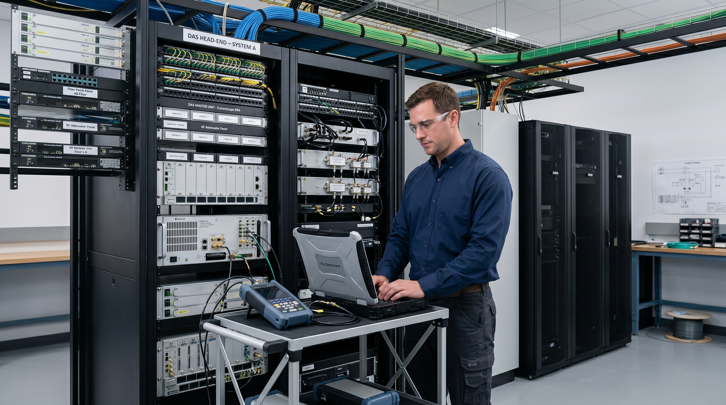 CTS field engineer assessing telecom and DAS equipment in a building head-end room.