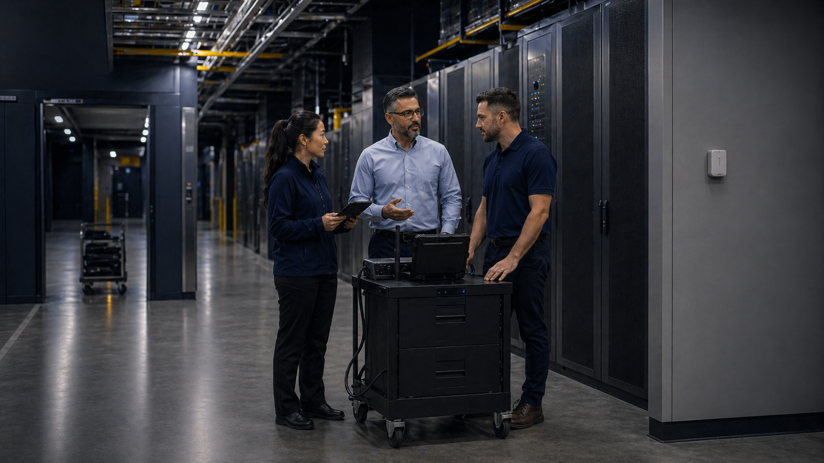 Data center operations professionals review private wireless equipment on a mobile workstation inside a secure server facility.