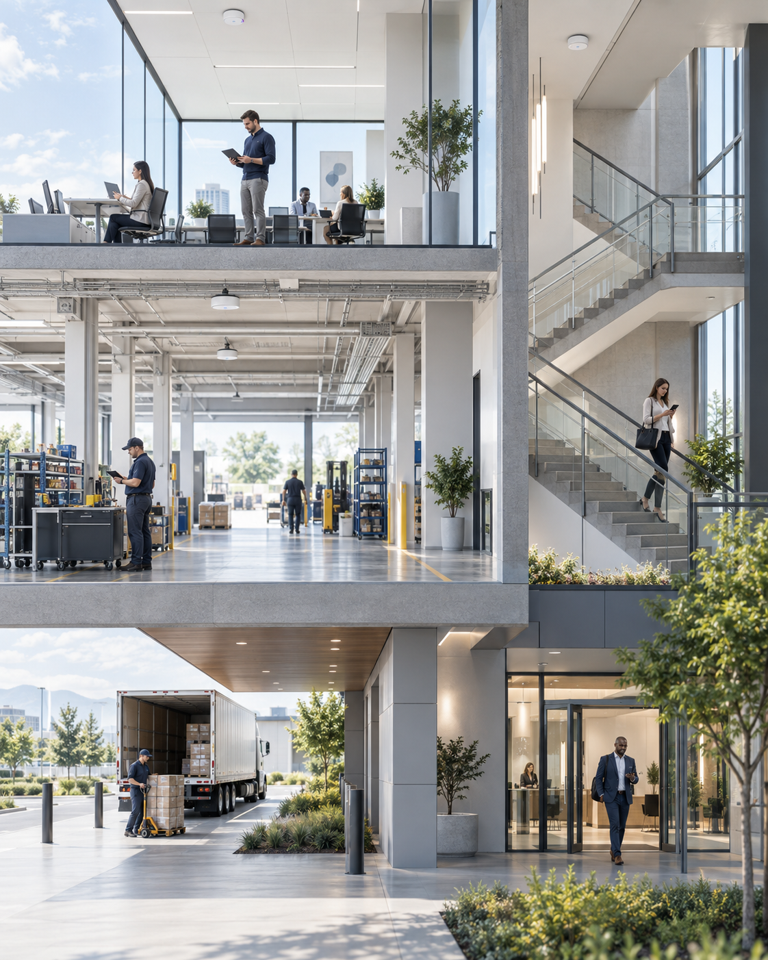 Enterprise wireless infrastructure supporting offices, operational spaces, and connected users across a modern facility