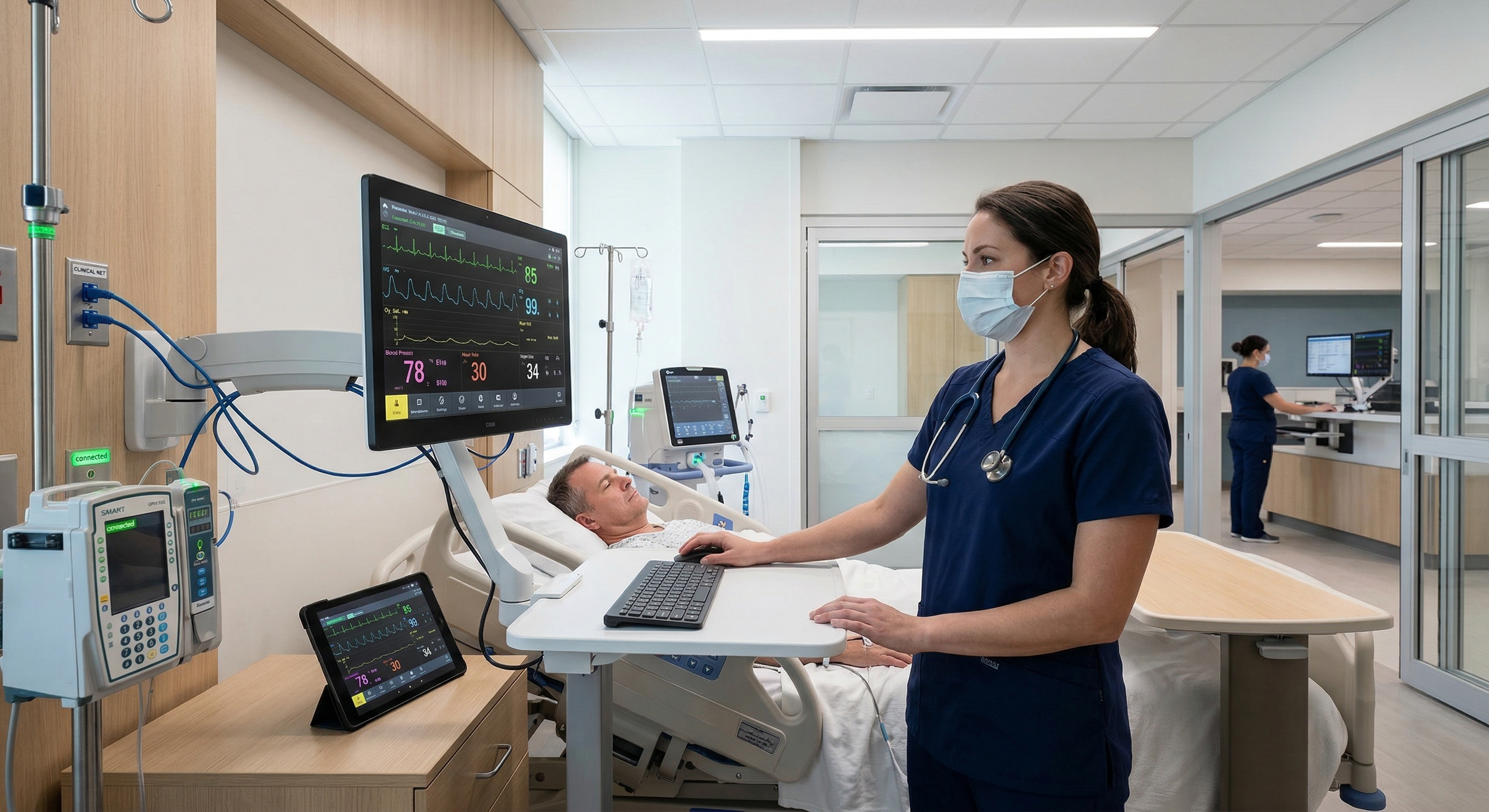 Clinician using connected medical devices supported by private wireless network in a hospital setting