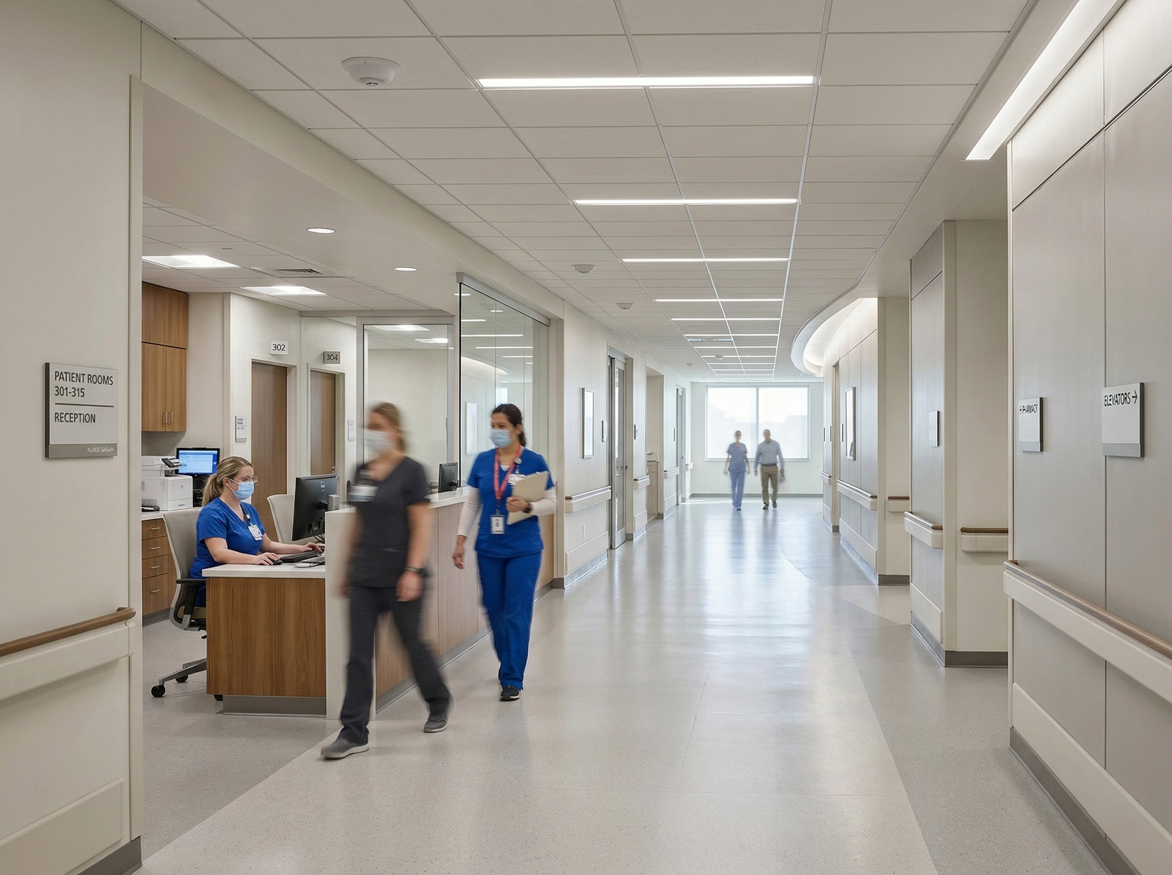 distributed antenna system infrastructure installed in the ceiling of a hospital corridor