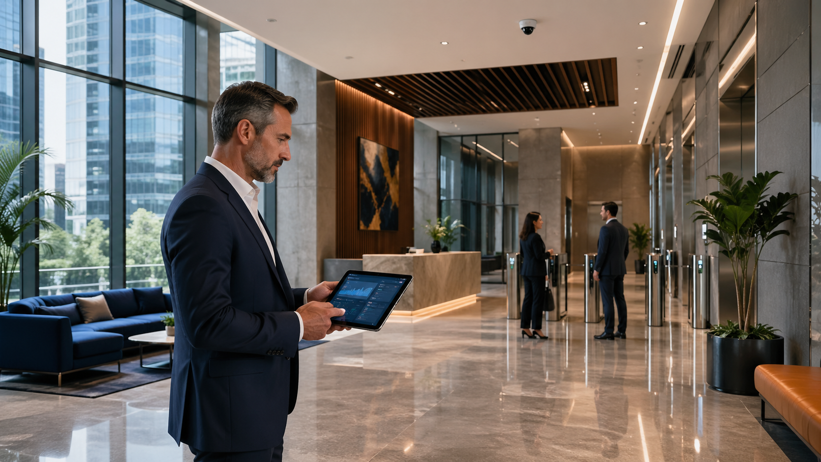Facility staff in a smart building operations center, representing private wireless networks for commercial real estate.