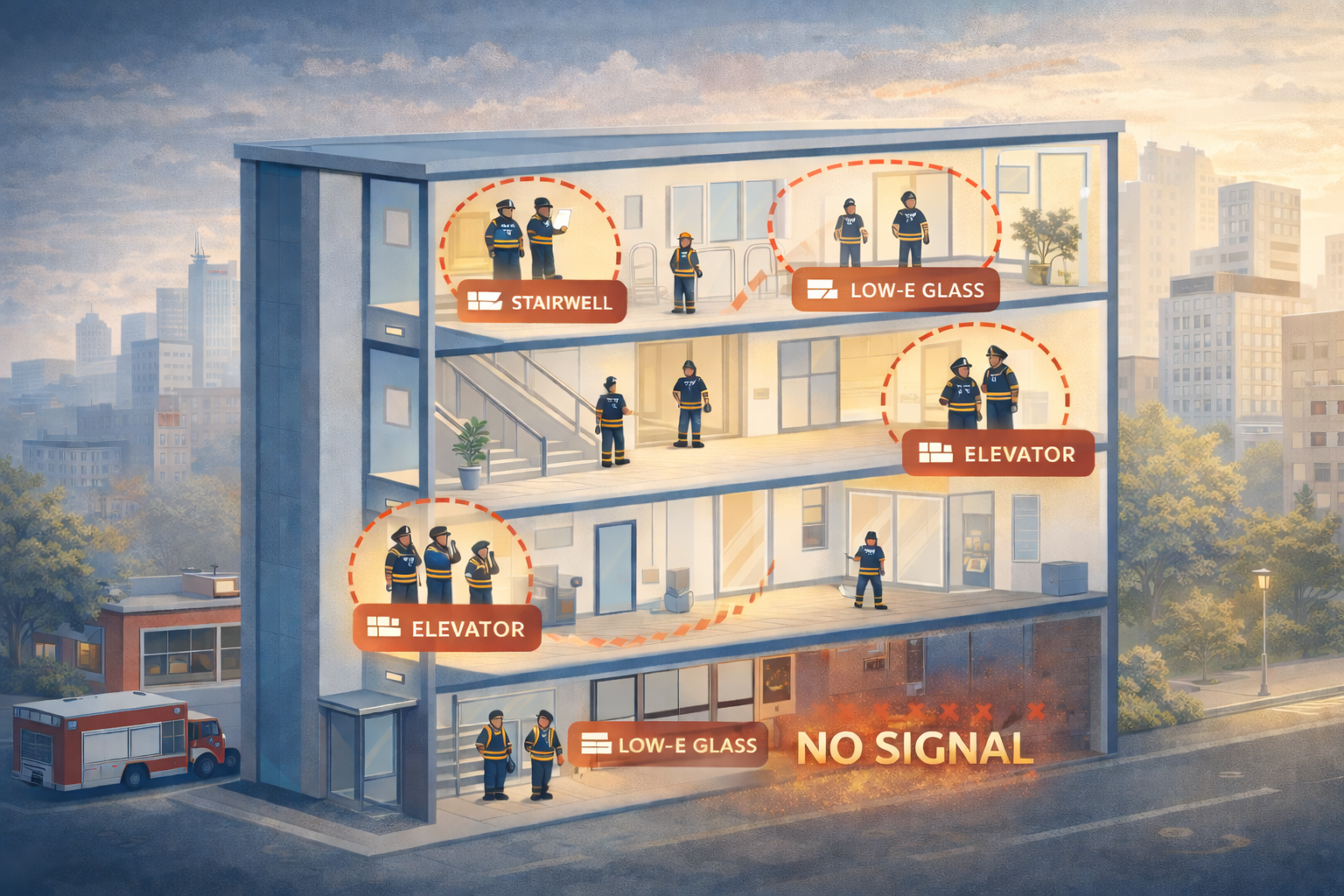 Illustration showing how building materials like concrete, elevator shafts, and low-E glass block public safety radio signals inside buildings