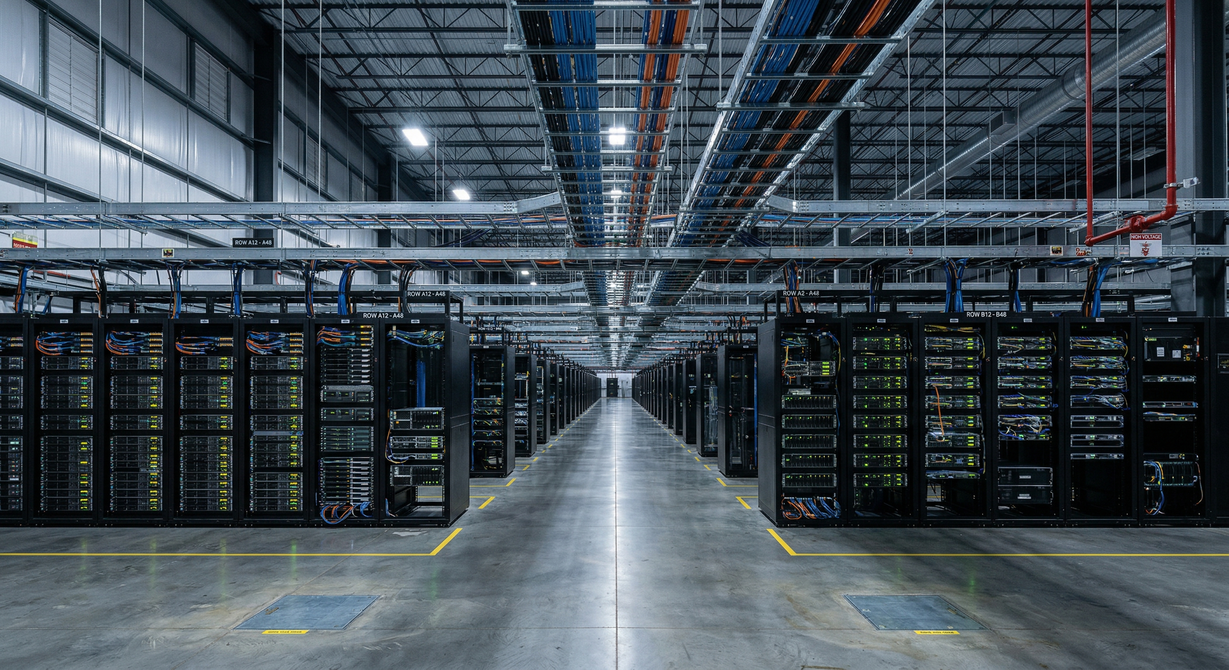 Data center server racks and overhead cable trays showing the complex infrastructure that requires reliable wireless connectivity.