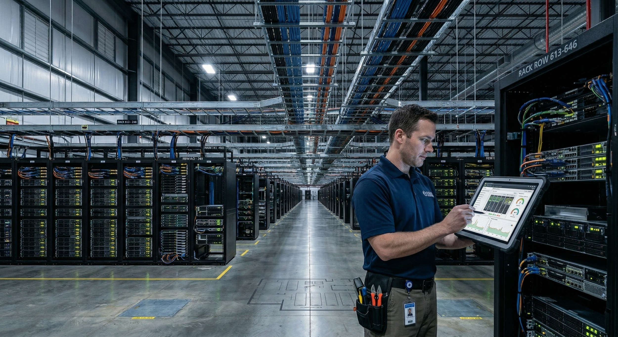 Data center technician using Wi-Fi to access cloud-based applications and operational systems.