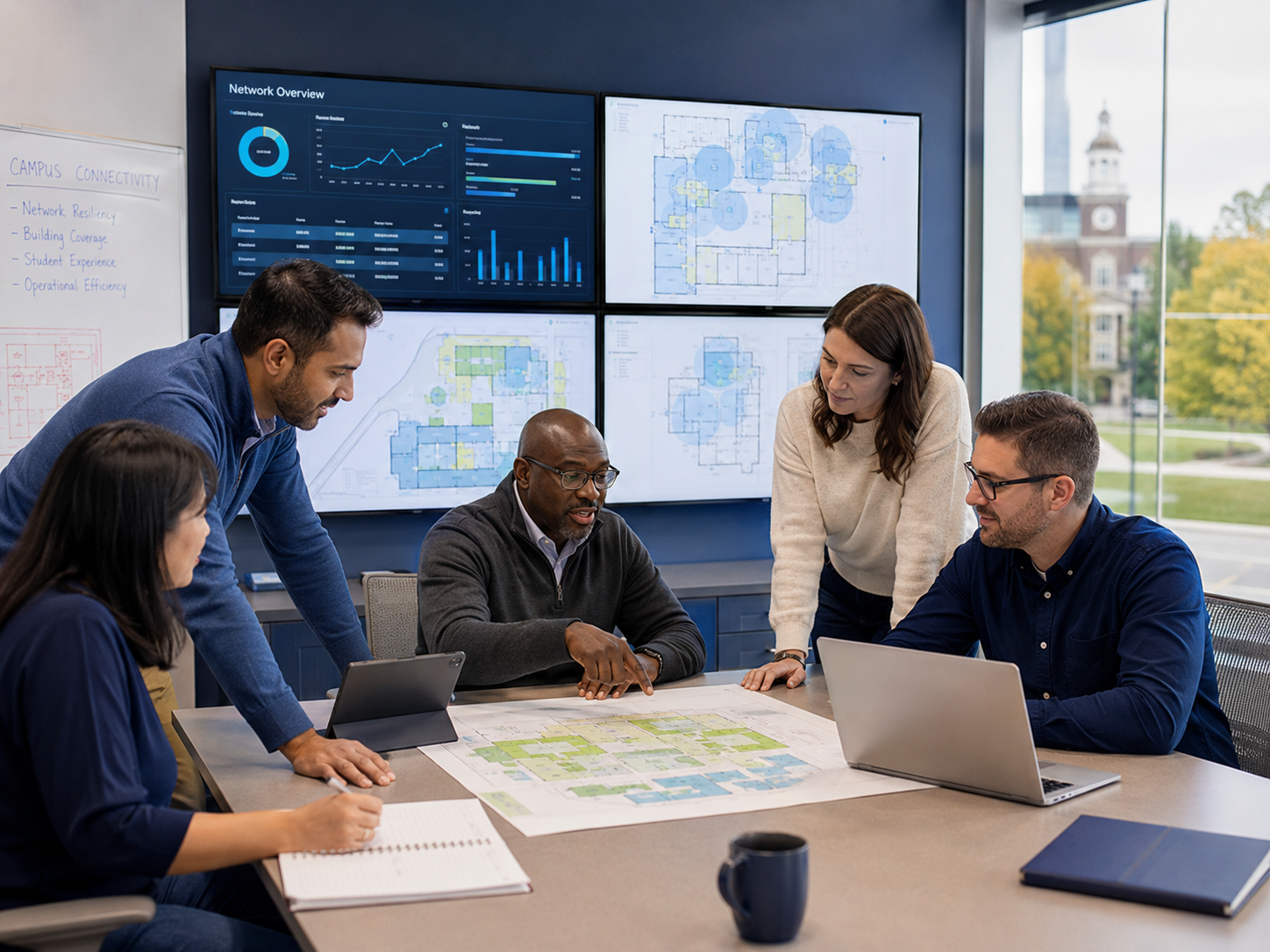 Education IT team reviewing scalable campus network infrastructure for optical LAN modernization.