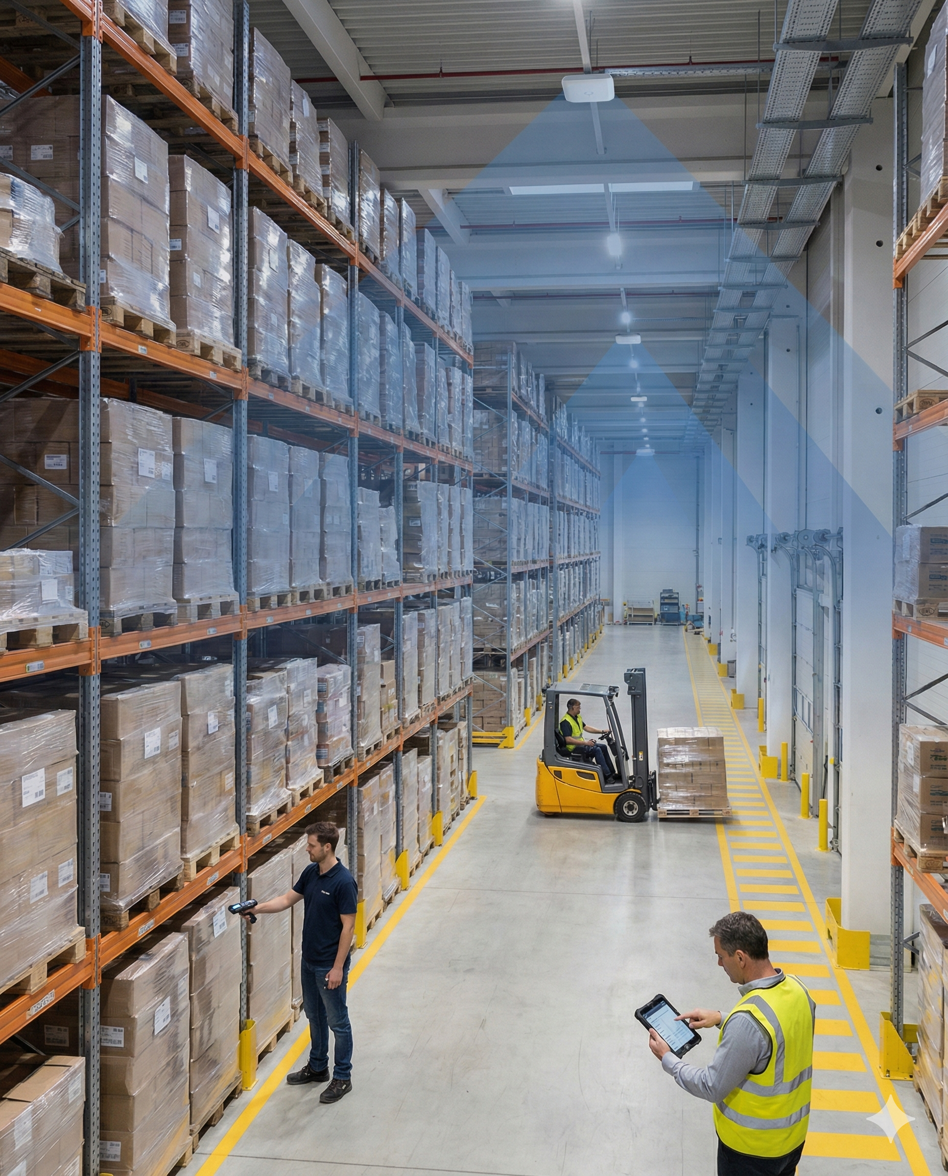 Industrial warehouse with ceiling mounted WiFi access points and RF heatmap showing wireless coverage across high bay racking